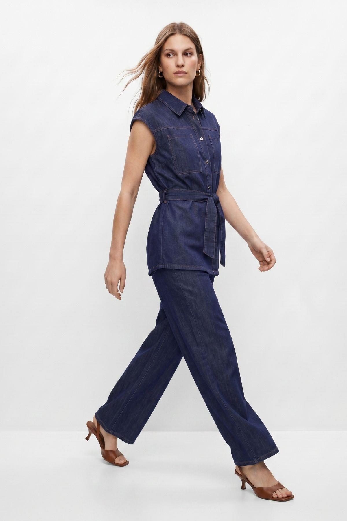 Kuşaklı Sıfır Kol Jean Ceket Pantolon Takım 002 Laci - RAYS