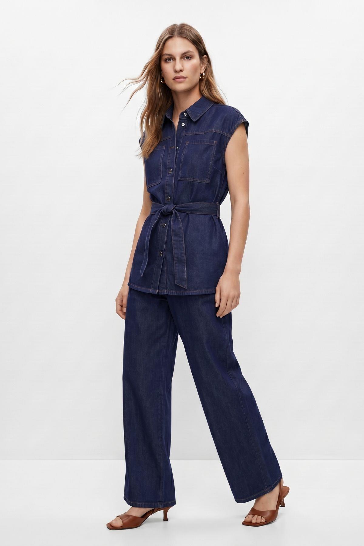 Kuşaklı Sıfır Kol Jean Ceket Pantolon Takım 002 Laci - RAYS