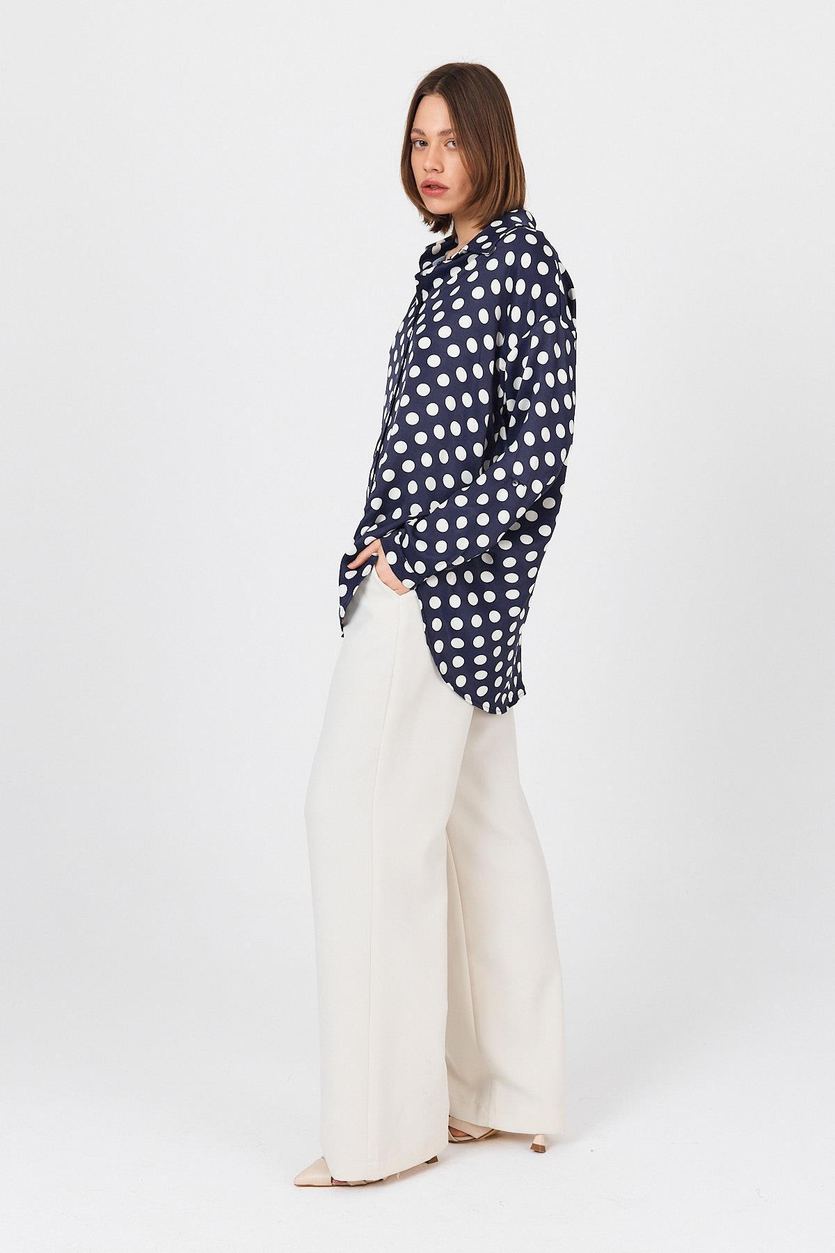 Laci Puantiye Desen Oversize Saten Gömlek 9411 - 7