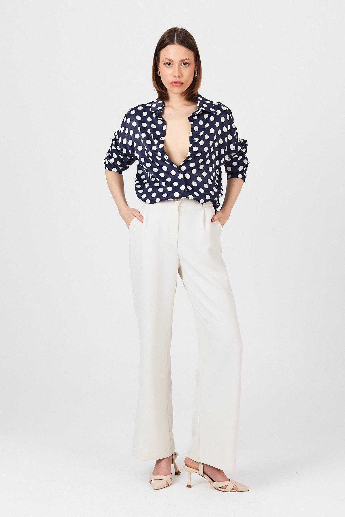 Laci Puantiye Desen Oversize Saten Gömlek 9411 - 2