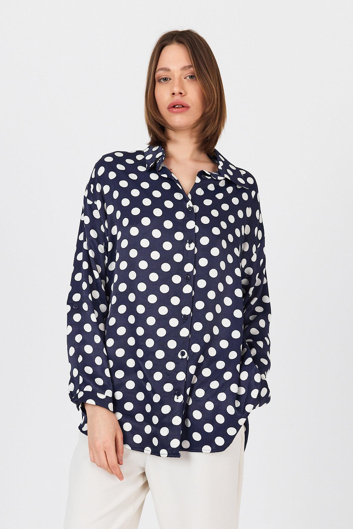 Laci Puantiye Desen Oversize Saten Gömlek 9411 - 3