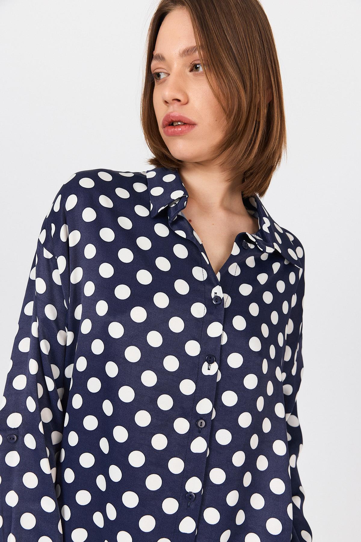 Laci Puantiye Desen Oversize Saten Gömlek 9411 - 4