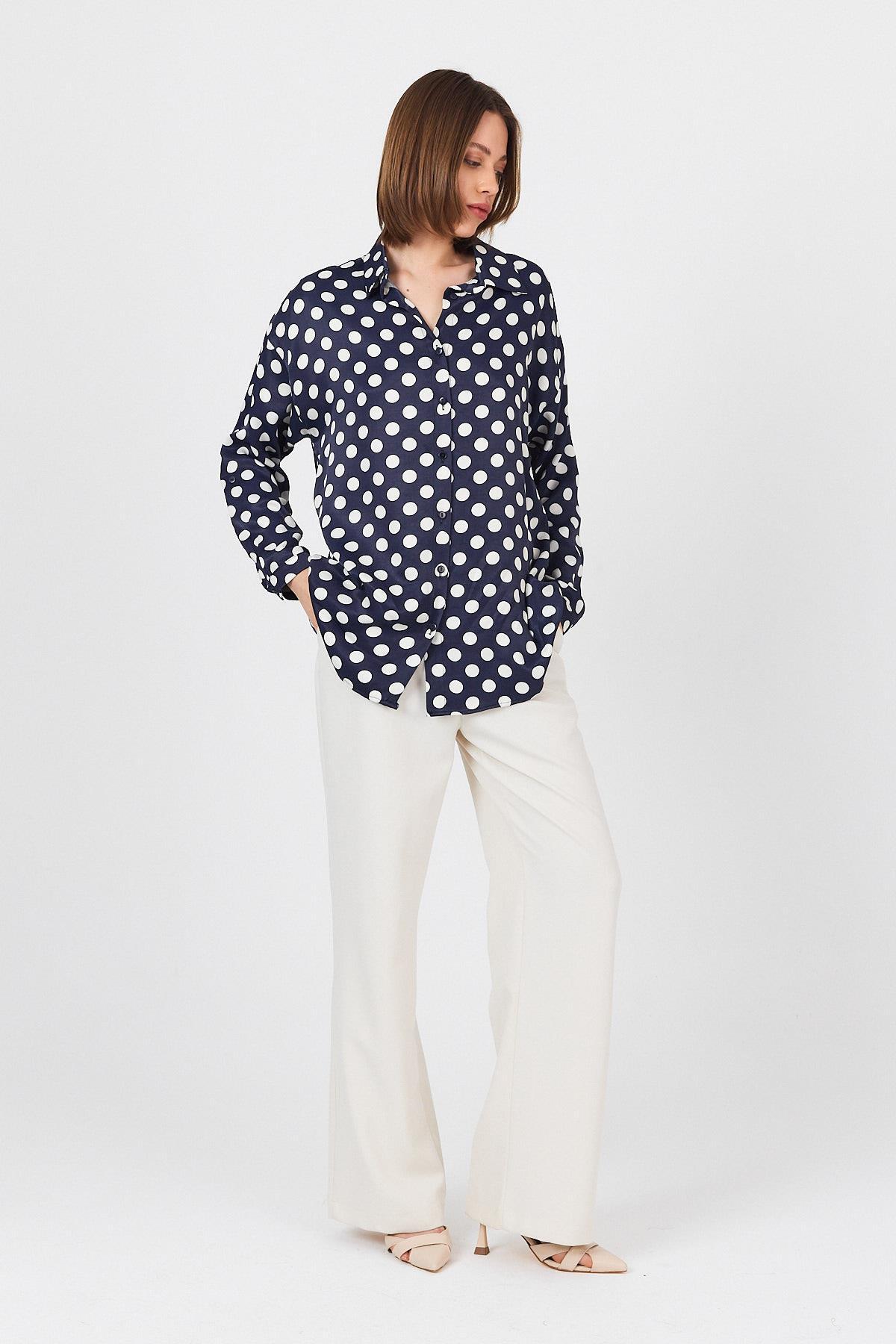 Laci Puantiye Desen Oversize Saten Gömlek 9411 - 6