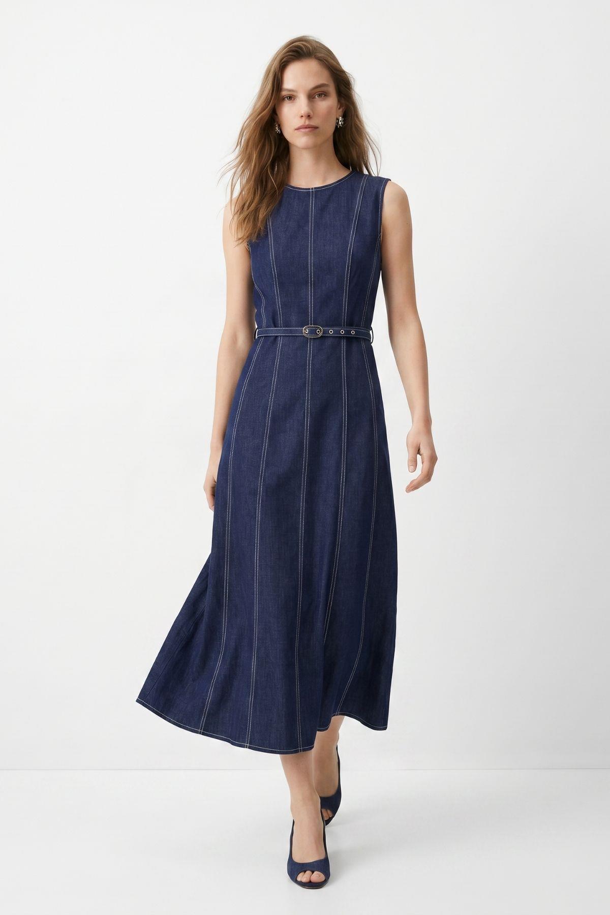 Sıfır Kol Kemerli Jean Elbise 3517 Laci - RAYS