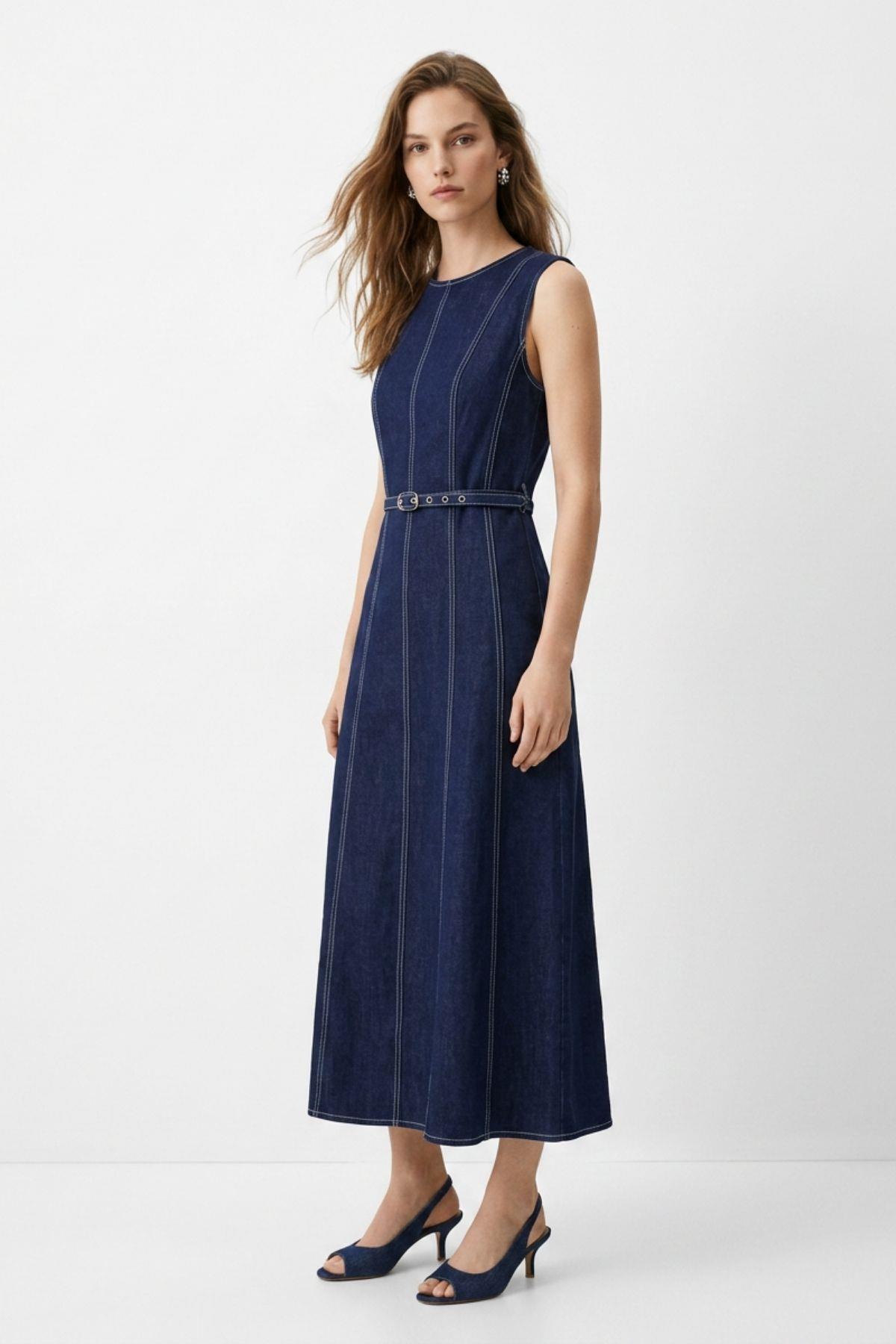 Sıfır Kol Kemerli Jean Elbise 3517 Laci - RAYS (1)