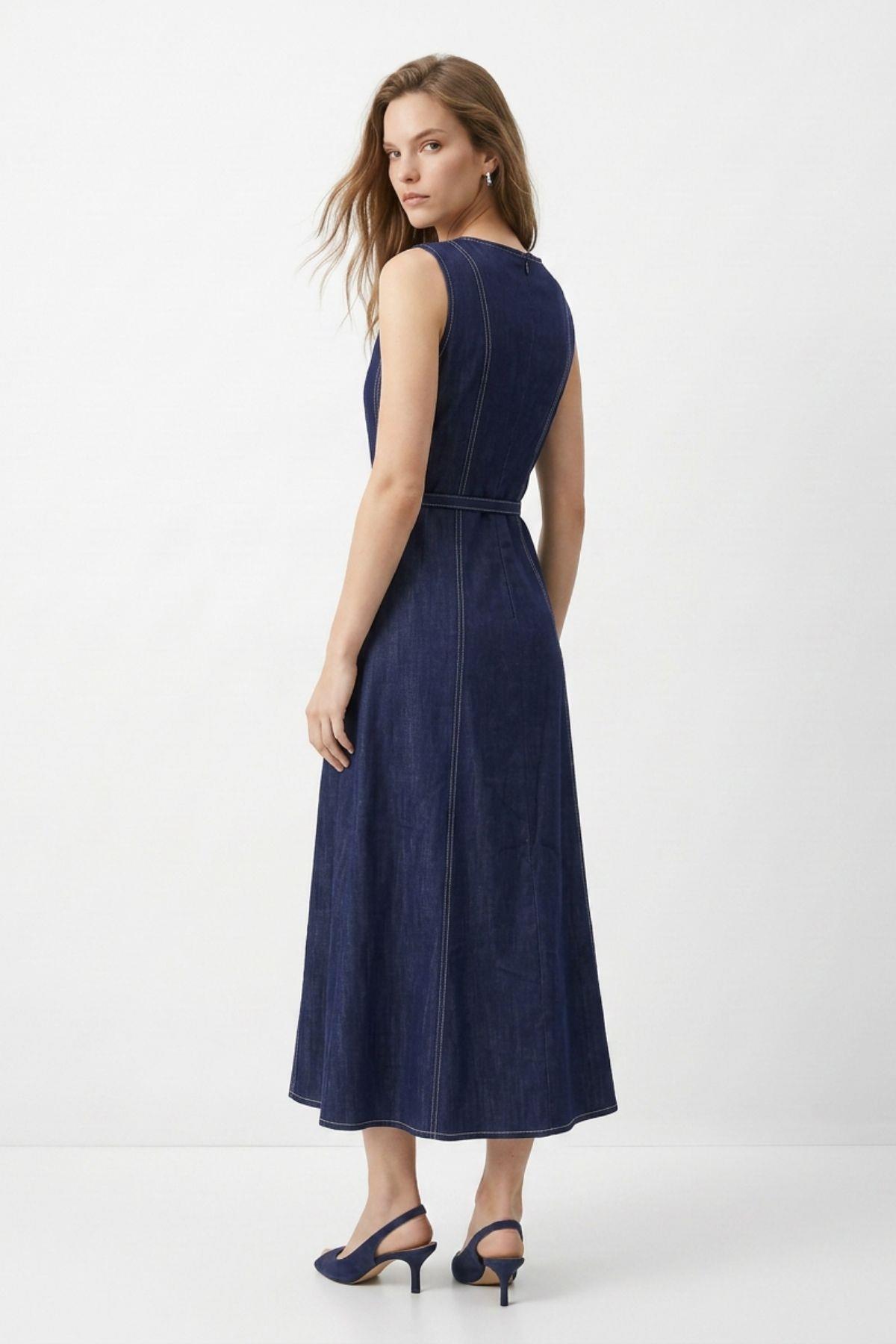 Sıfır Kol Kemerli Jean Elbise 3517 Laci - RAYS