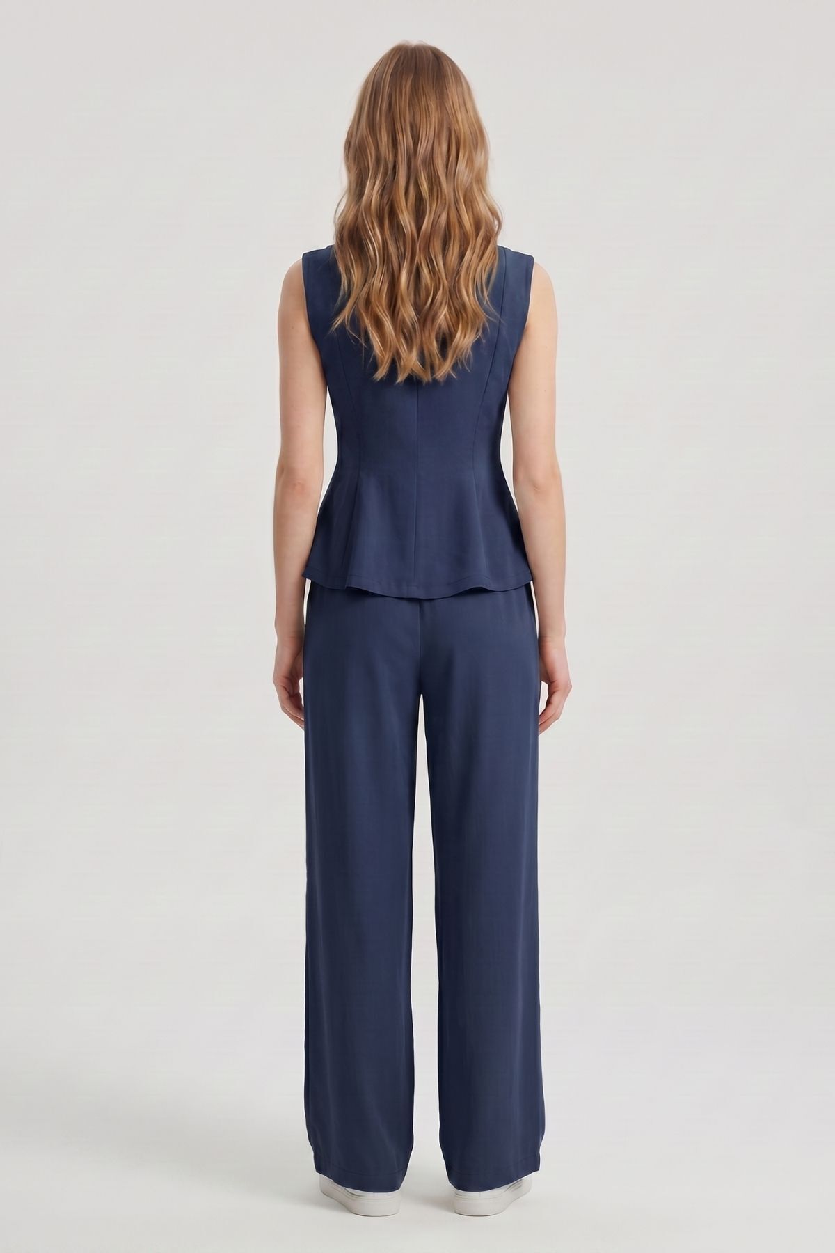 Laci Sıfır Kol Peplum Bluz Bol Paça Pantolon Takım 18007 - 3