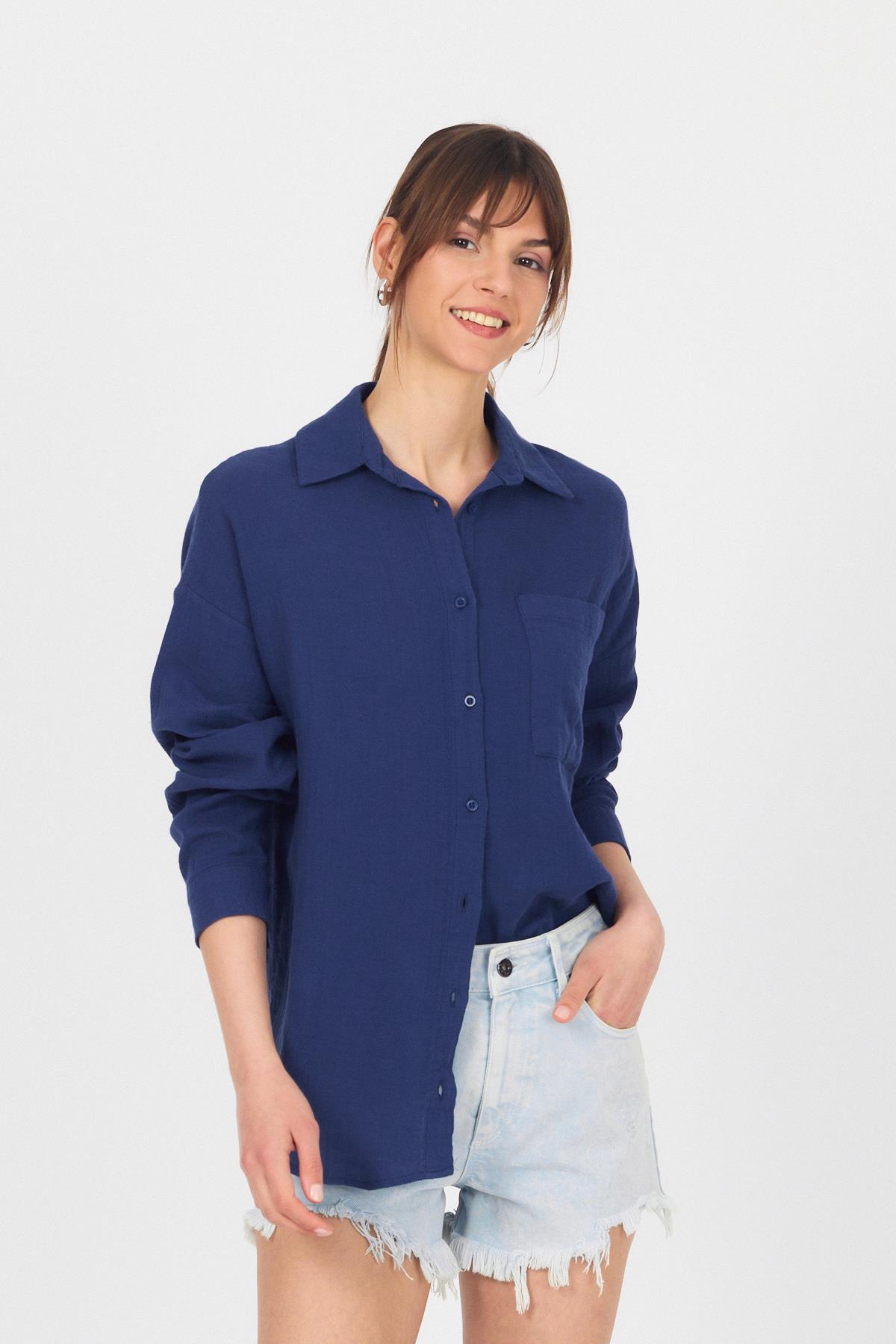 Laci Tek Cepli %100 Pamuk Oversize Müslin Gömlek 4697A 
