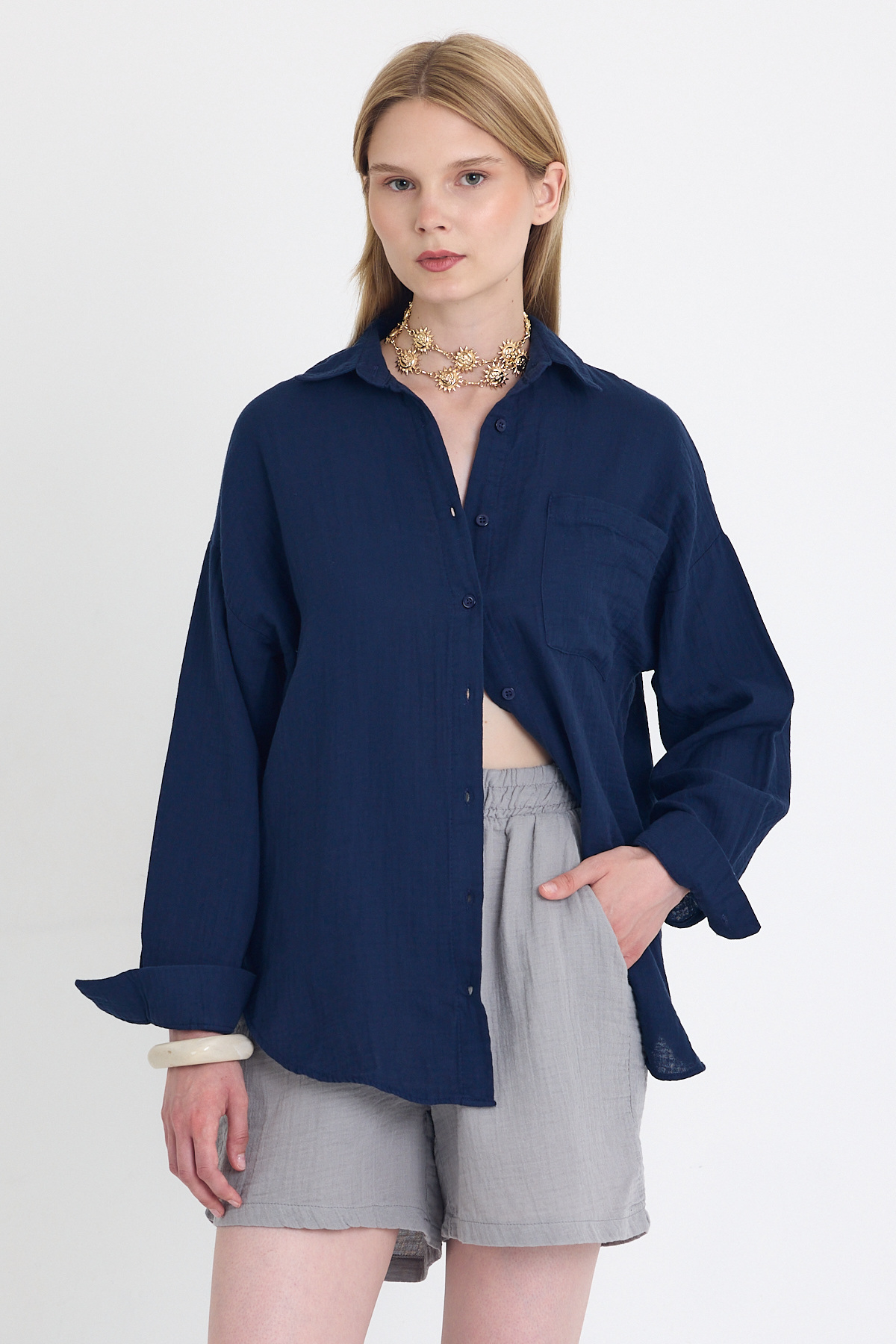 Laci Tek Cepli %100 Pamuk Oversize Müslin Gömlek 4697A - 1