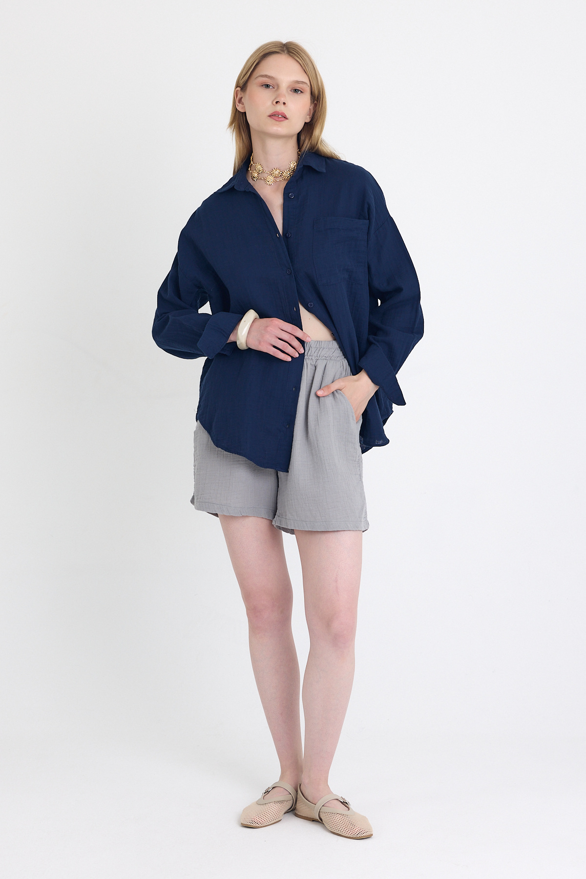 Laci Tek Cepli %100 Pamuk Oversize Müslin Gömlek 4697A - RAYS