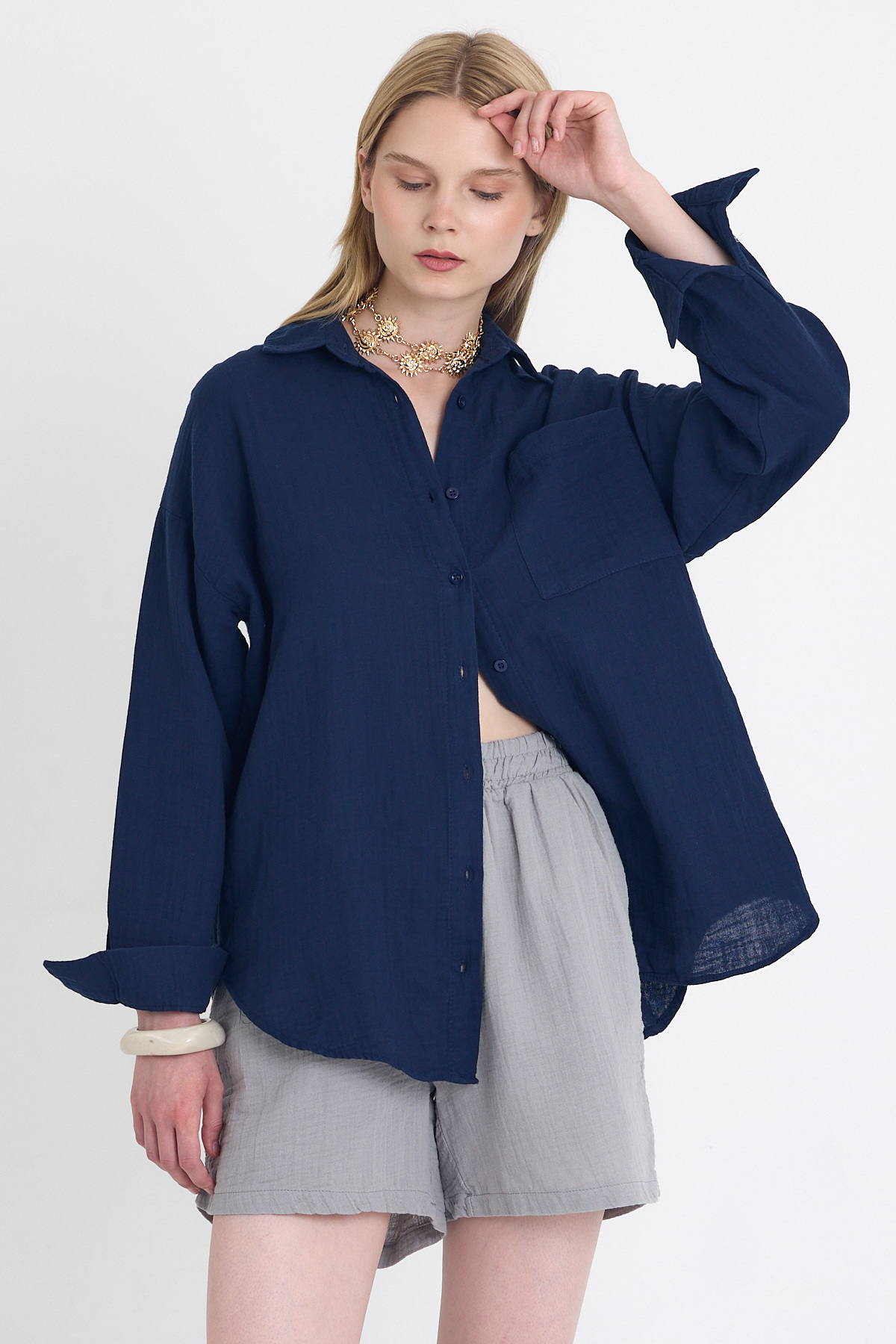 Laci Tek Cepli %100 Pamuk Oversize Müslin Gömlek 4697A - 6