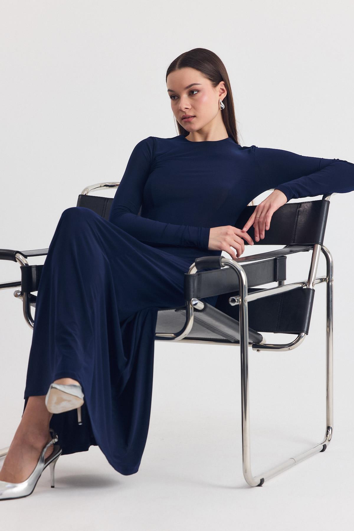 Laci Uzun Kollu Esnek Kumaş Maxi Elbise 2510 - 1