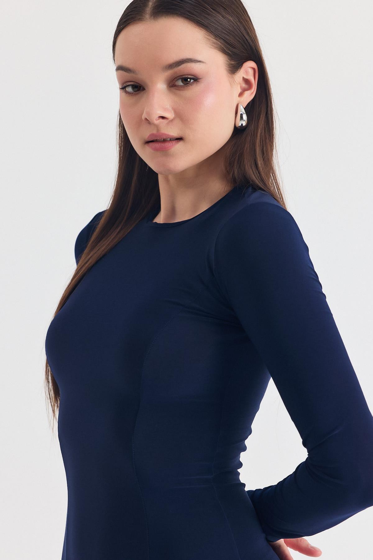 Laci Uzun Kollu Esnek Kumaş Maxi Elbise 2510 - 4