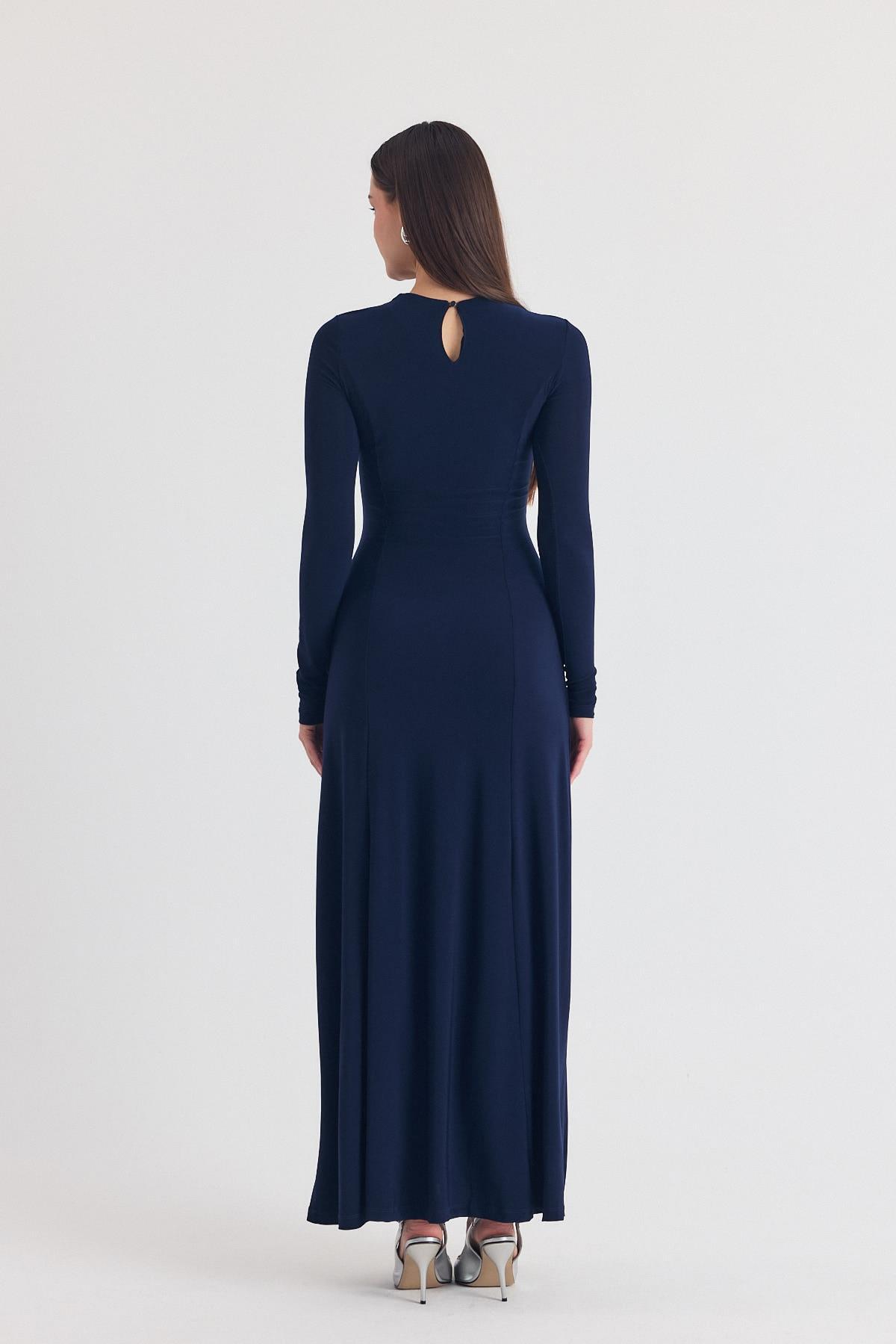 Laci Uzun Kollu Esnek Kumaş Maxi Elbise 2510 - 5