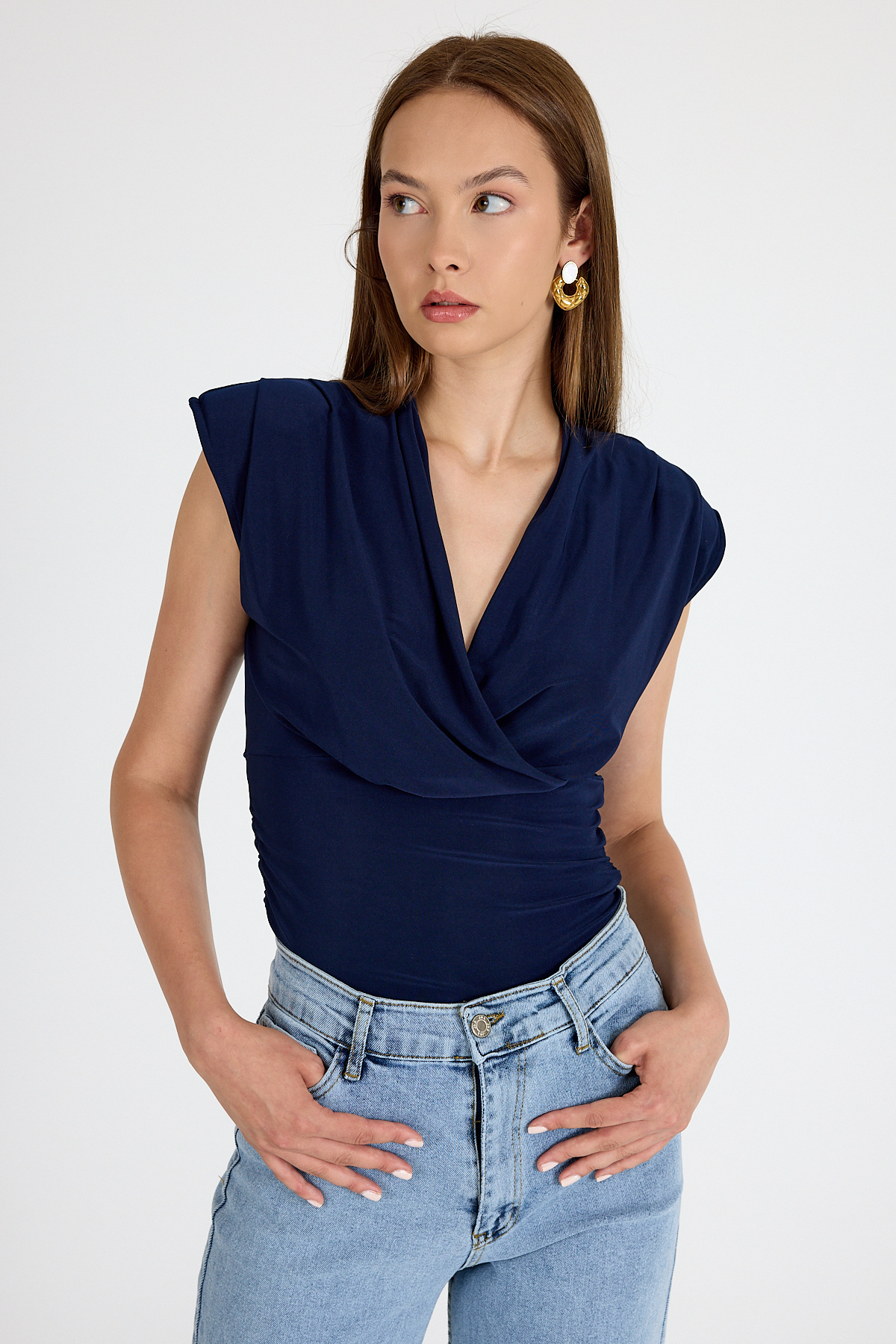 Laci Vatkalı Kruvaze Yaka Drapeli Bluz 2487 - 2