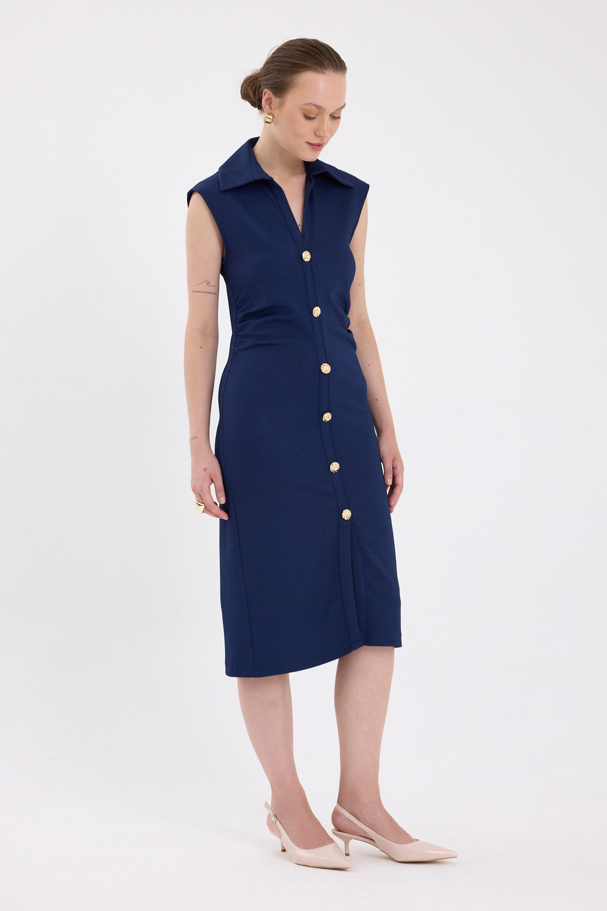 Laci Yanları Büzgülü Kolsuz Gömlek Midi Elbise 8117A - 2