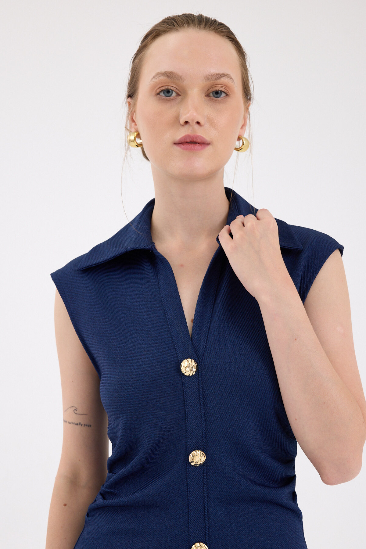 Laci Yanları Büzgülü Kolsuz Gömlek Midi Elbise 8117A - RAYS