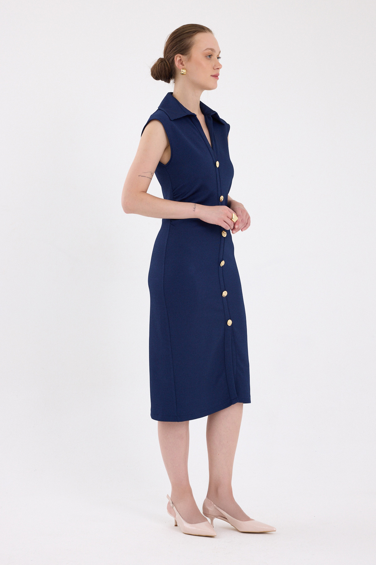 Laci Yanları Büzgülü Kolsuz Gömlek Midi Elbise 8117A - 6