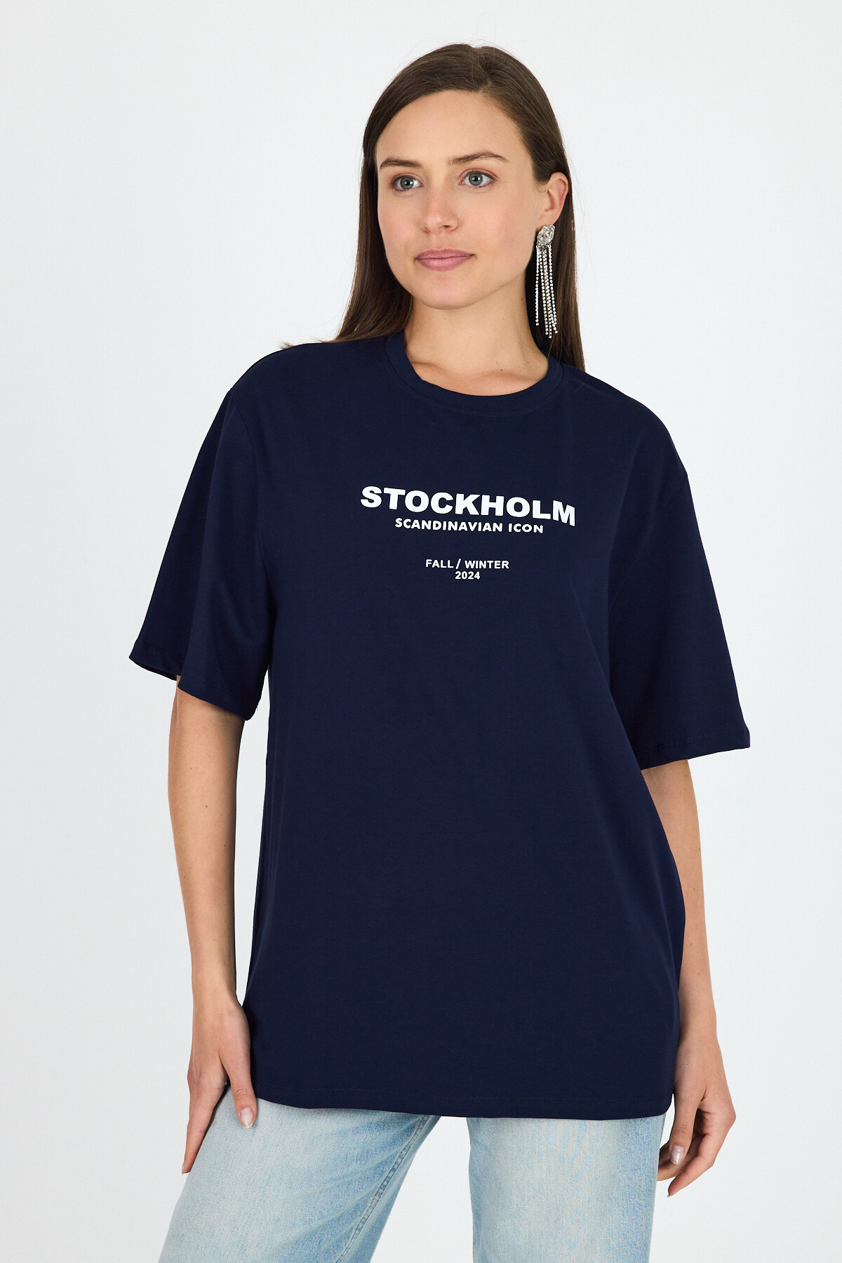 Laci Yazı Baskılı Bisiklet Yaka Oversize Tişört 6056 - 1