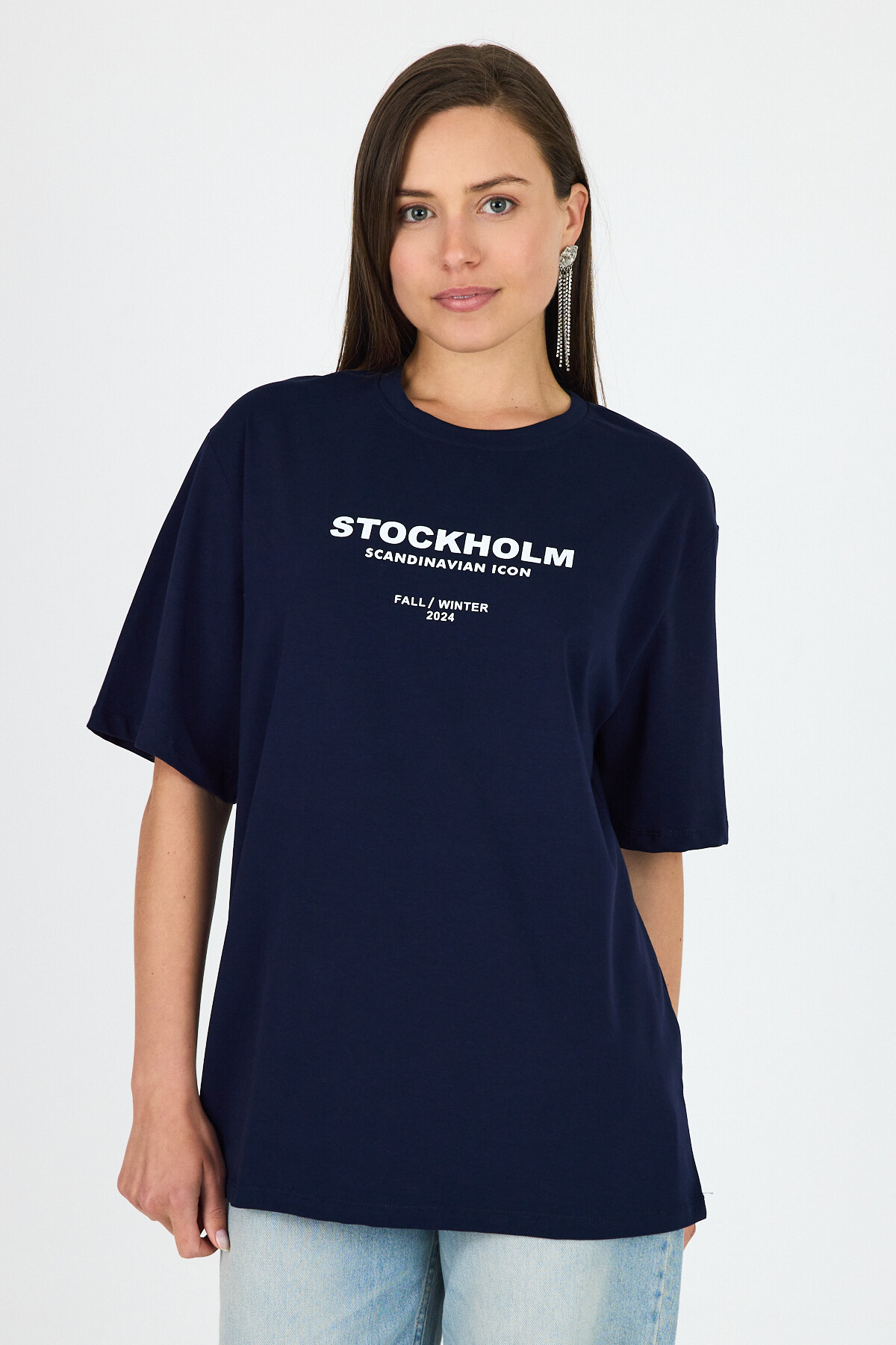 Laci Yazı Baskılı Bisiklet Yaka Oversize Tişört 6056 - RAYS