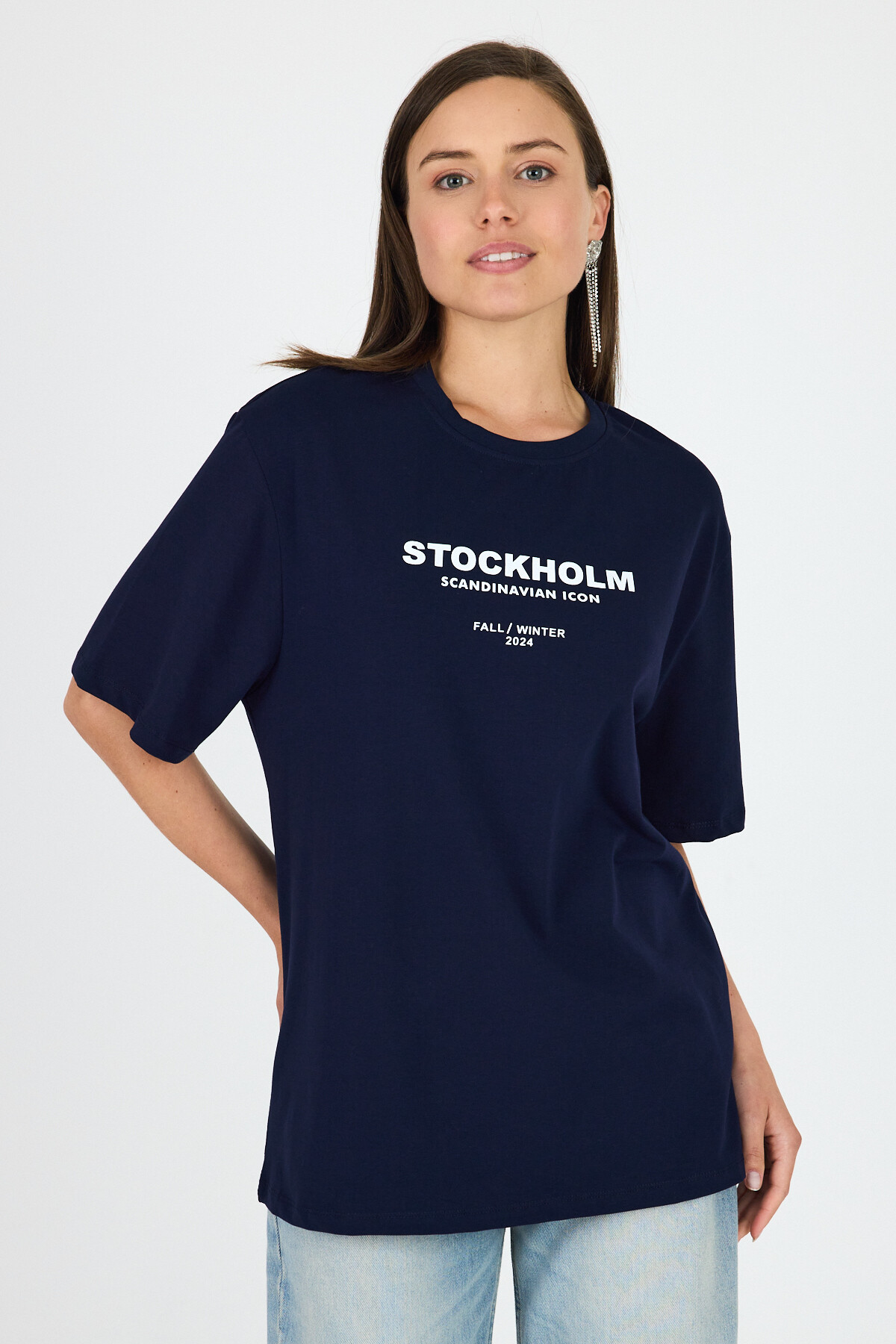 Laci Yazı Baskılı Bisiklet Yaka Oversize Tişört 6056 - RAYS