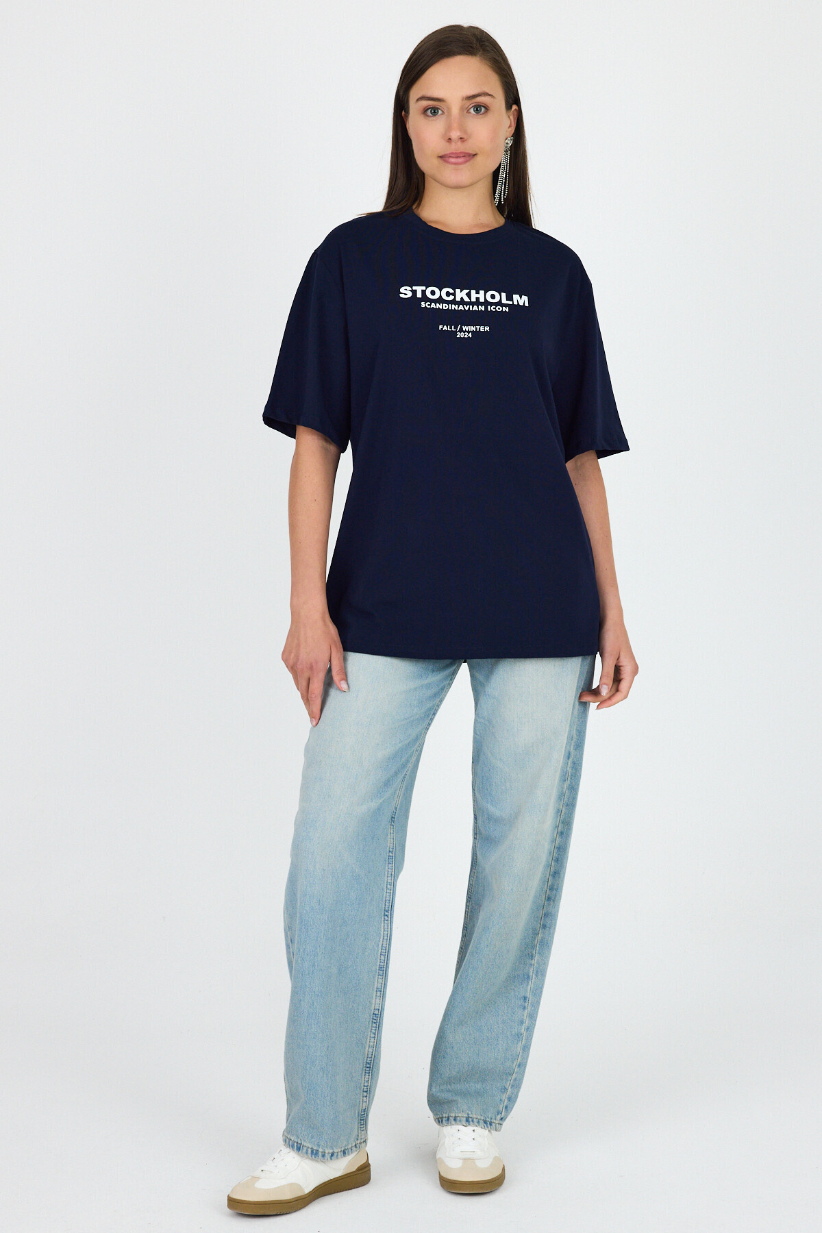 Laci Yazı Baskılı Bisiklet Yaka Oversize Tişört 6056 - 3