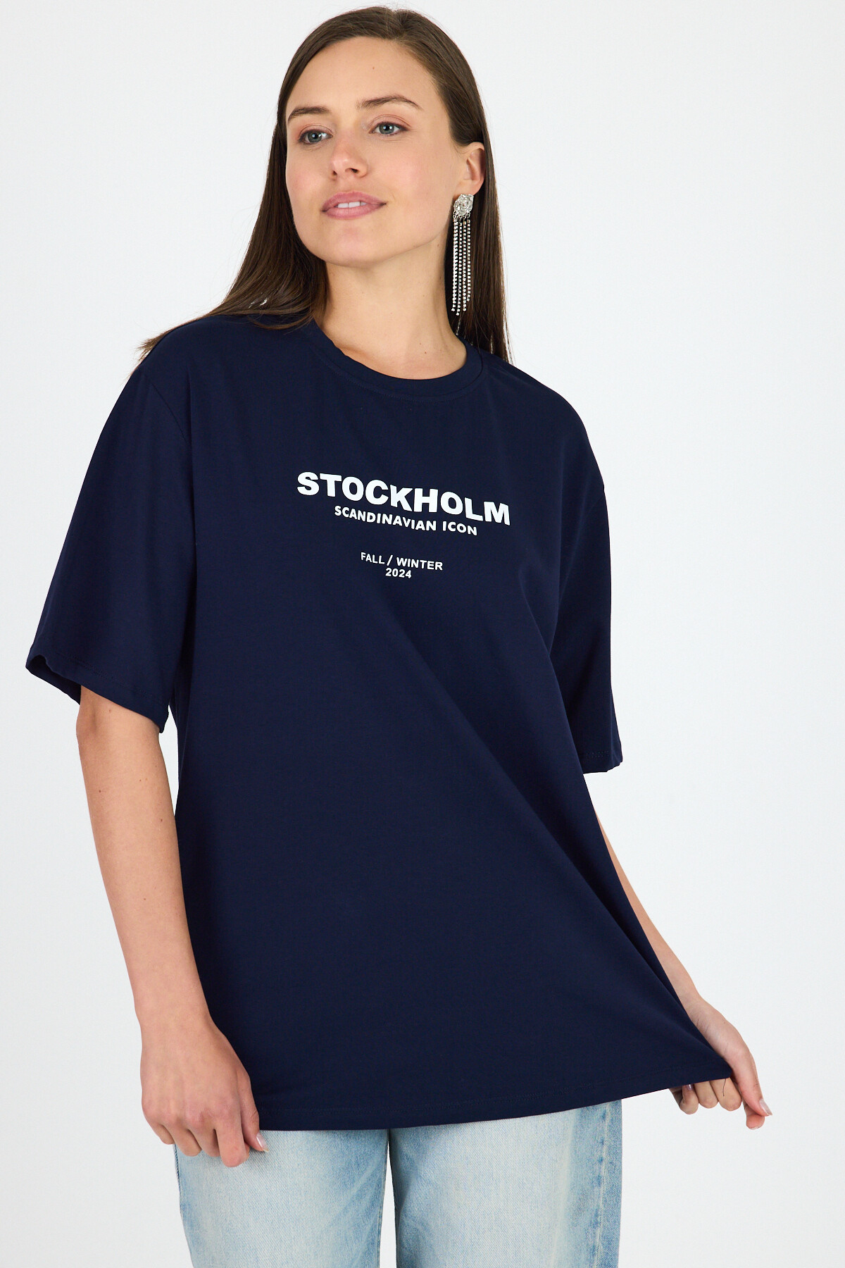 Laci Yazı Baskılı Bisiklet Yaka Oversize Tişört 6056 - 6