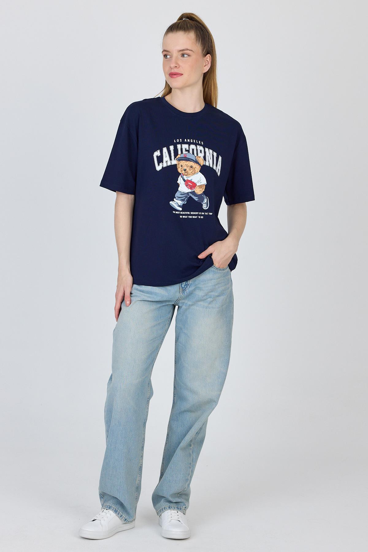 Lacivert Ayı Baskılı Oversize Tişört 6559 - 7