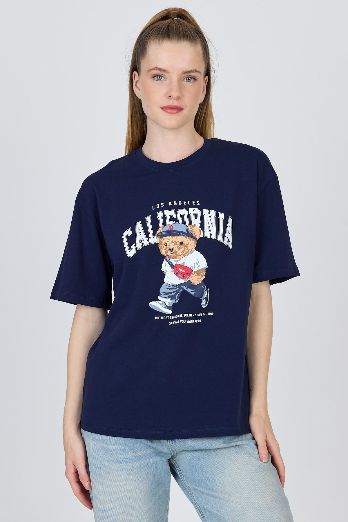 Lacivert Ayı Baskılı Oversize Tişört 6559 