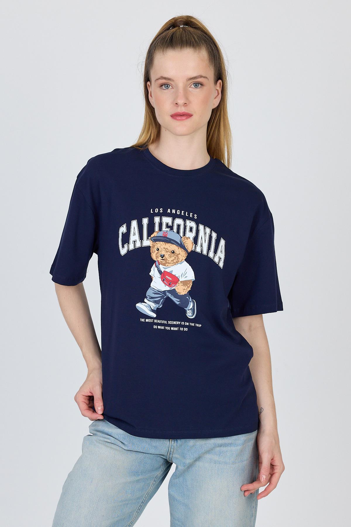 Lacivert Ayı Baskılı Oversize Tişört 6559 - 2