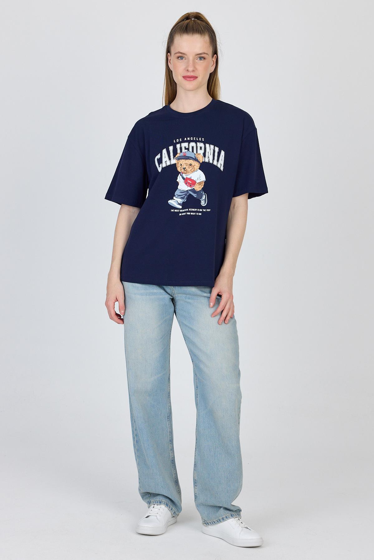 Lacivert Ayı Baskılı Oversize Tişört 6559 - 3