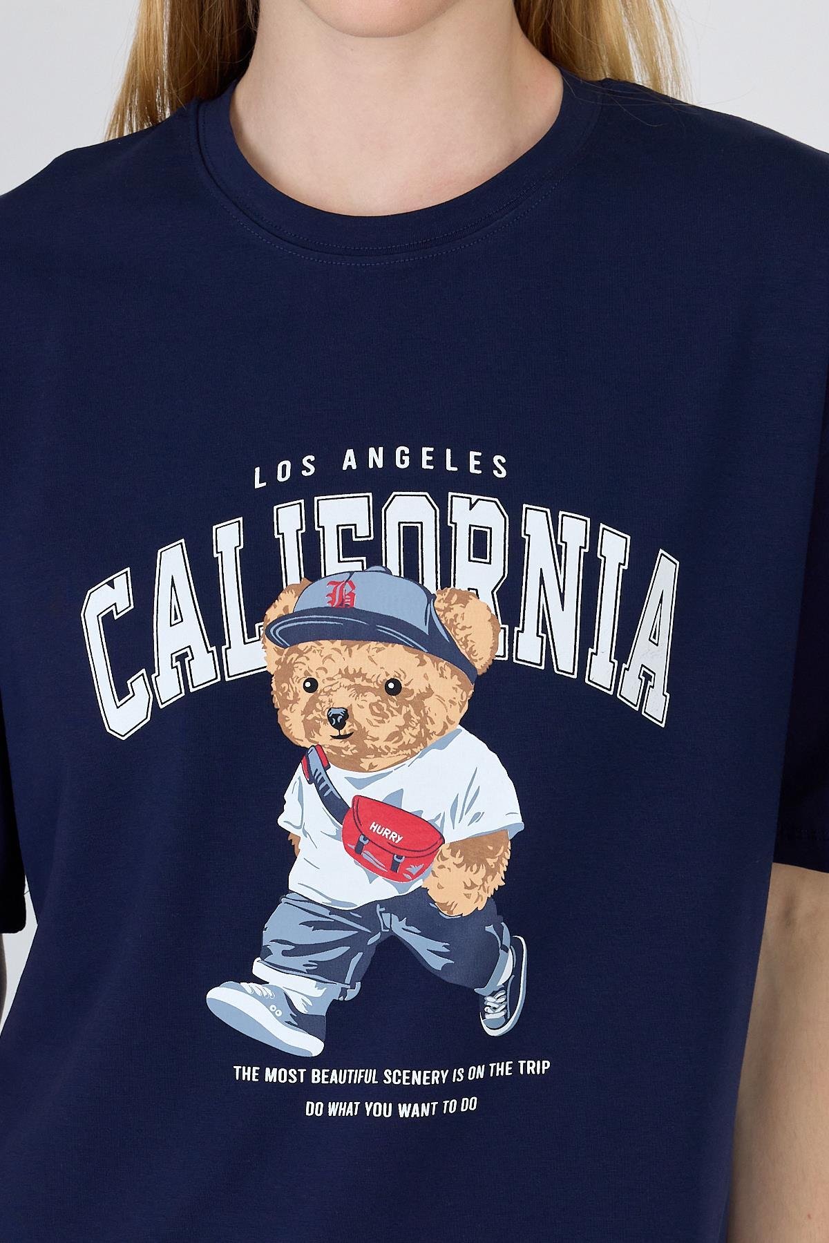 Lacivert Ayı Baskılı Oversize Tişört 6559 - 4