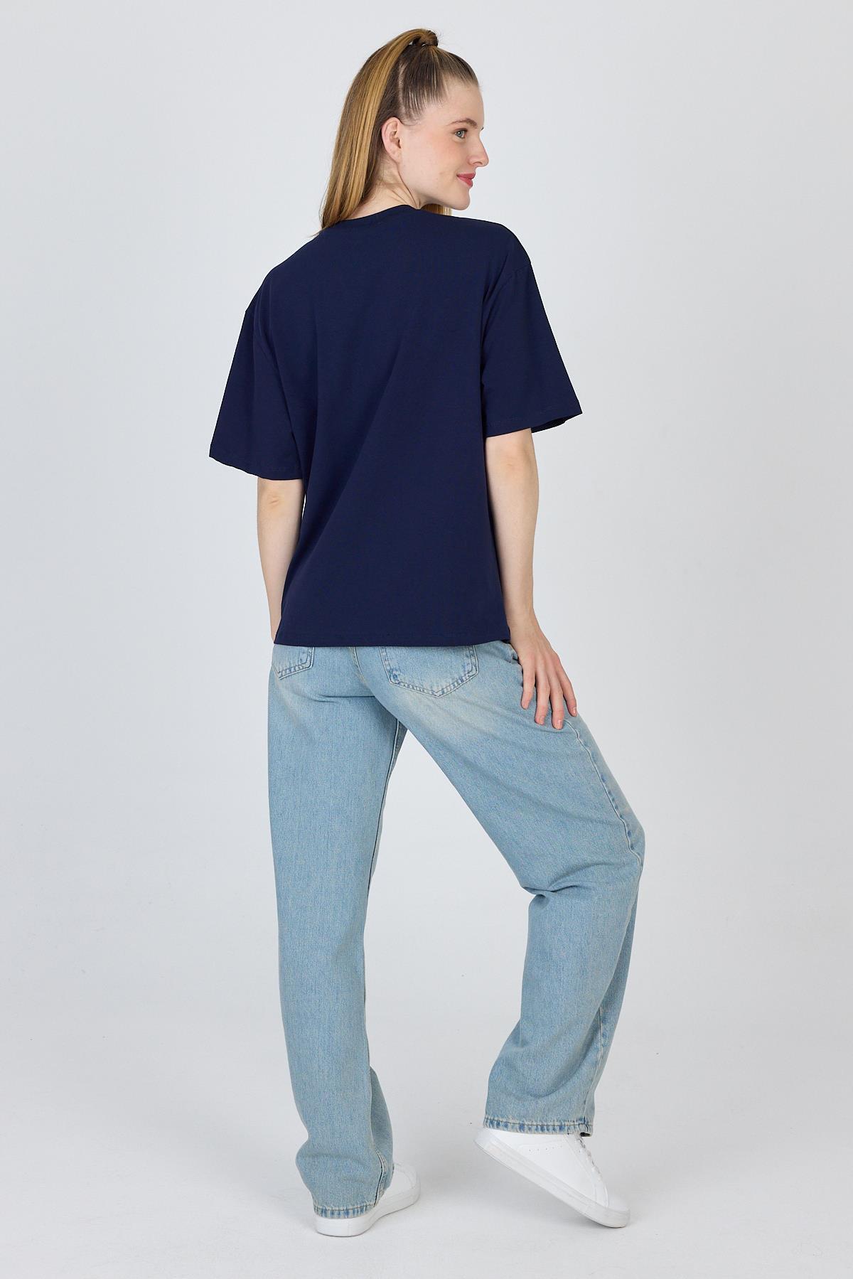 Lacivert Ayı Baskılı Oversize Tişört 6559 - 5