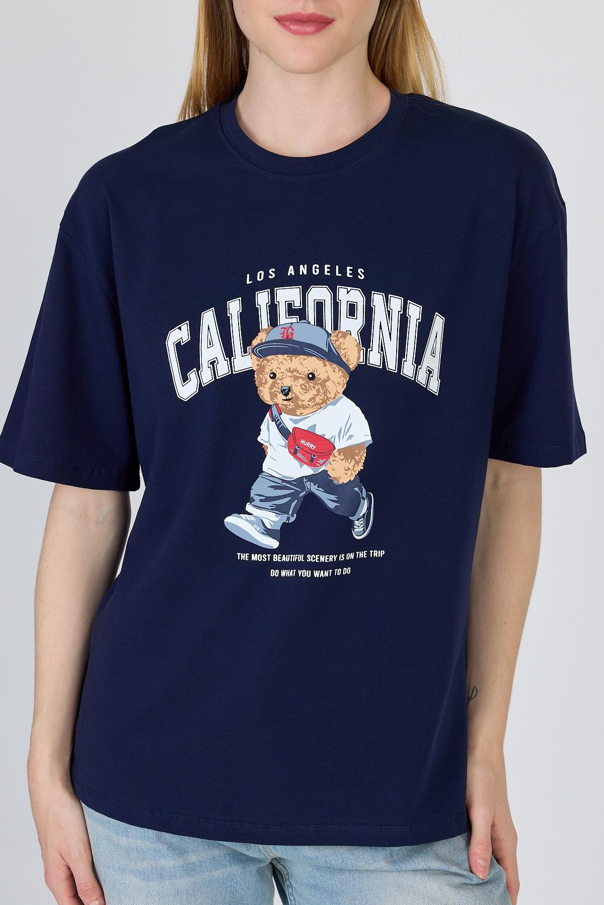 Lacivert Ayı Baskılı Oversize Tişört 6559 - 6