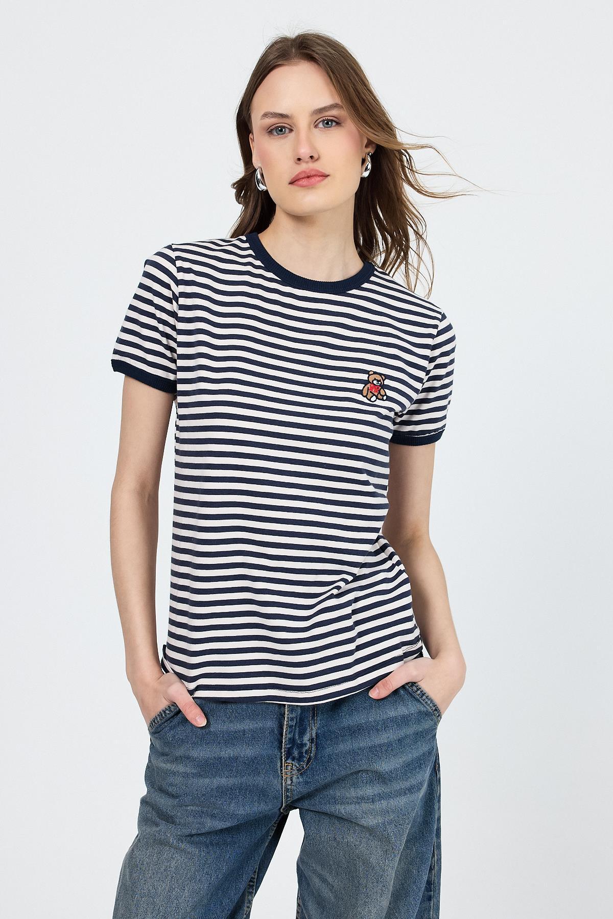Lacivert Ayı İşlemeli Çizgili Tişört 6470 - 1