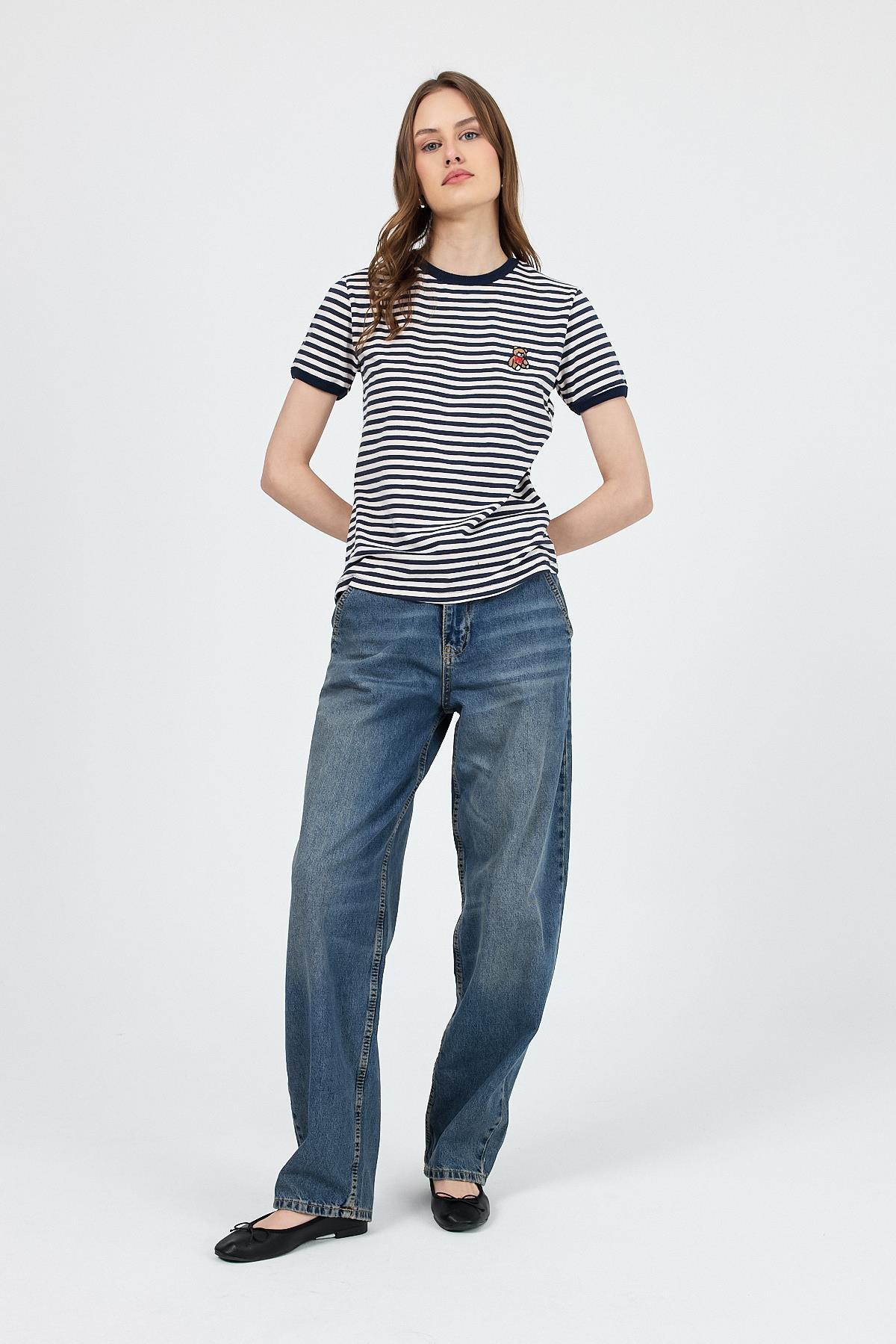 Lacivert Ayı İşlemeli Çizgili Tişört 6470 - 2