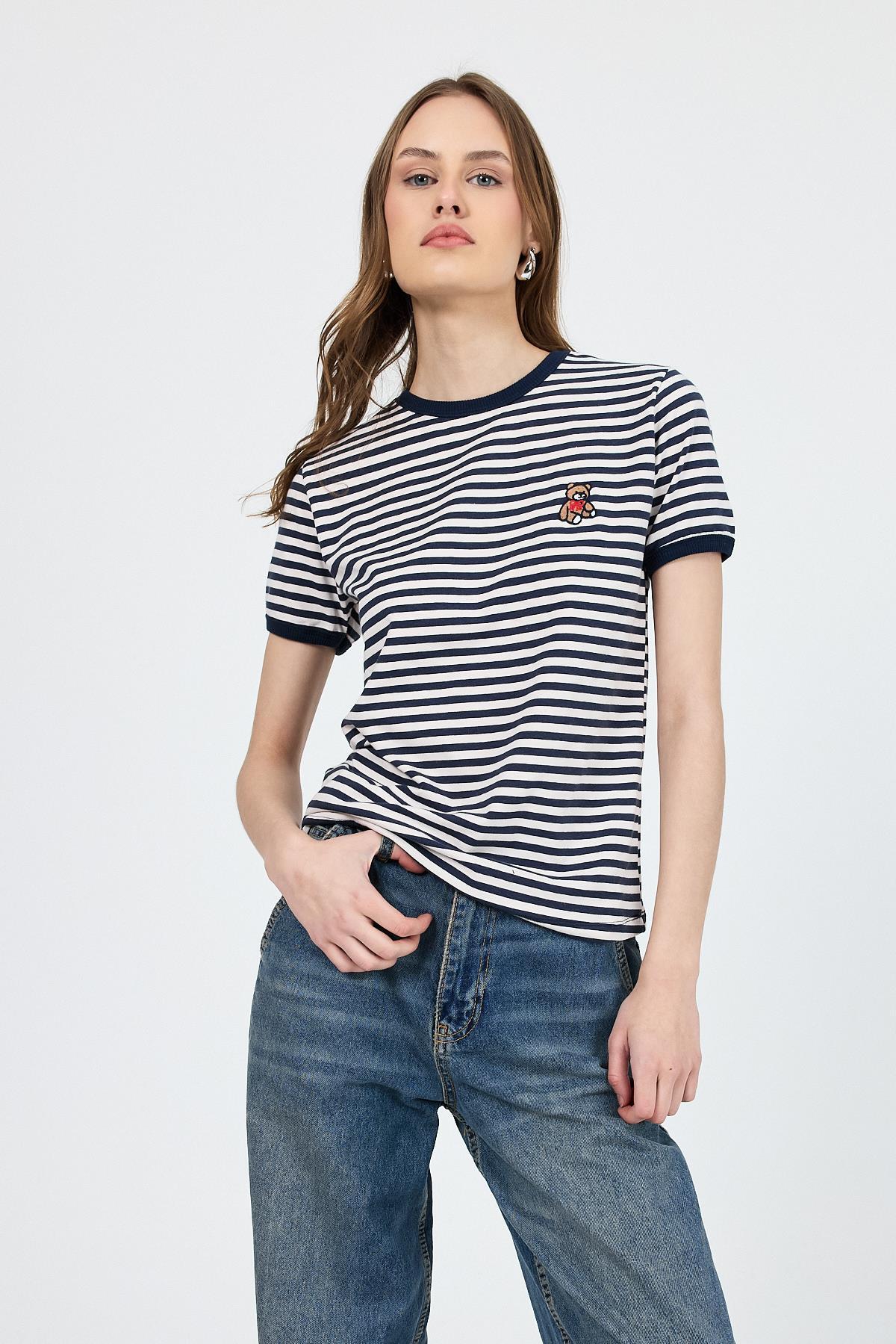 Lacivert Ayı İşlemeli Çizgili Tişört 6470 - 3