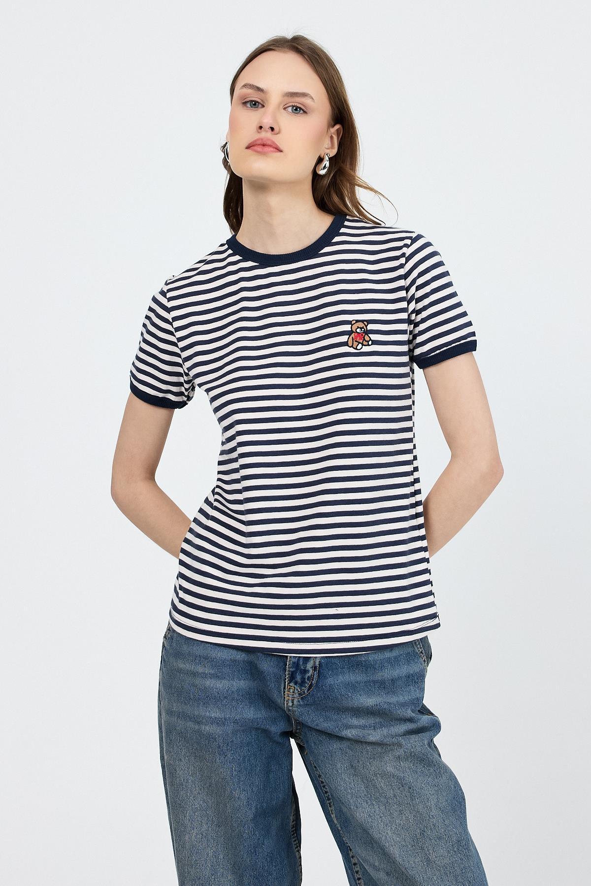 Lacivert Ayı İşlemeli Çizgili Tişört 6470 - 6