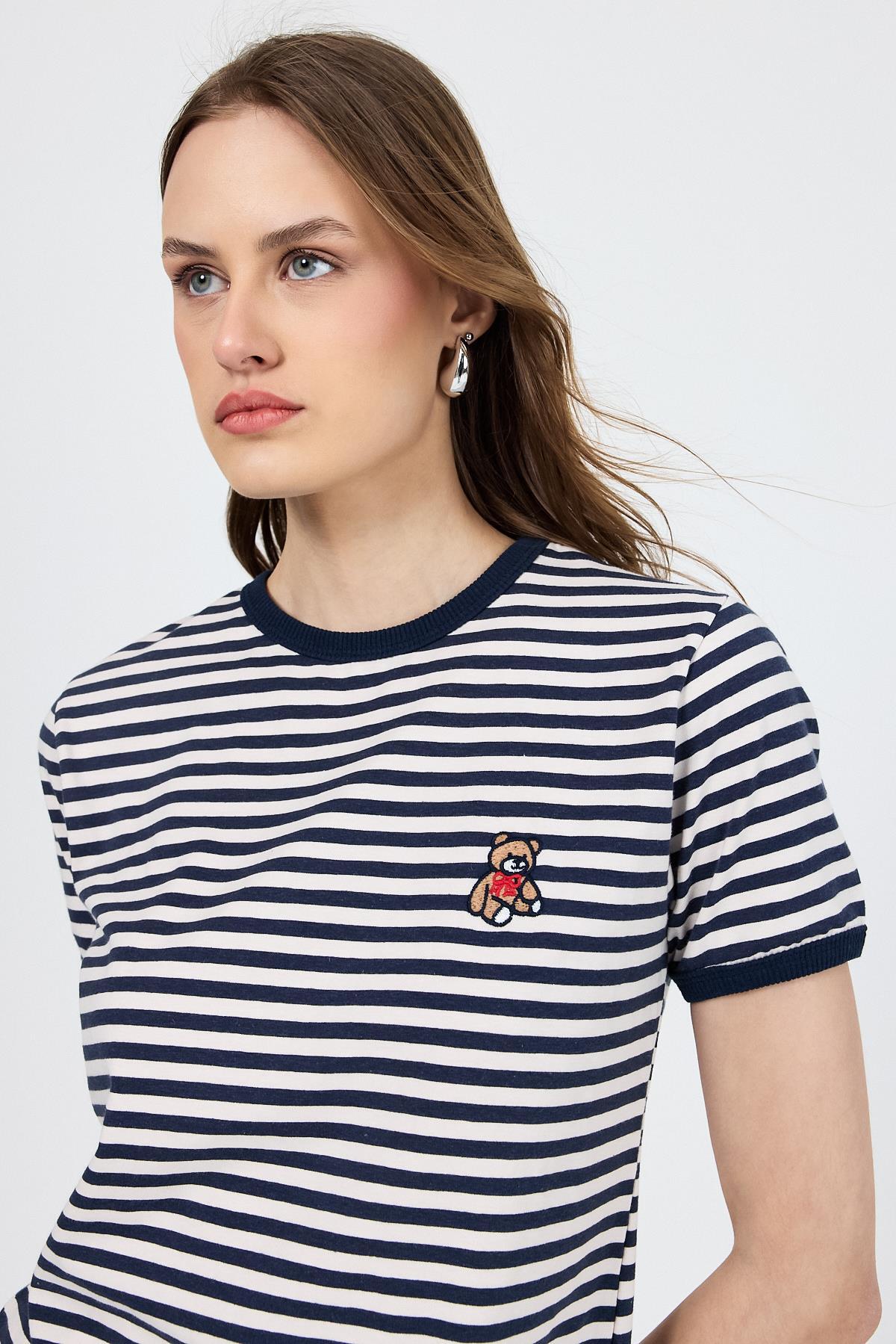 Lacivert Ayı İşlemeli Çizgili Tişört 6470 - 4
