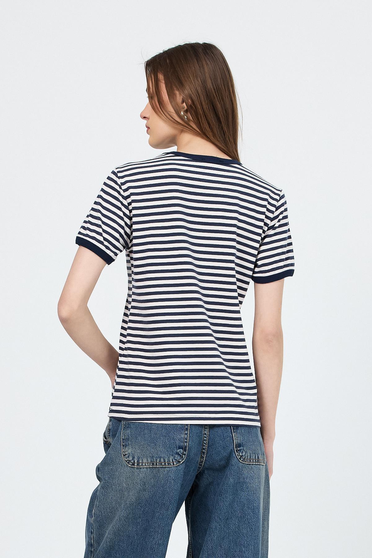 Lacivert Ayı İşlemeli Çizgili Tişört 6470 - 5