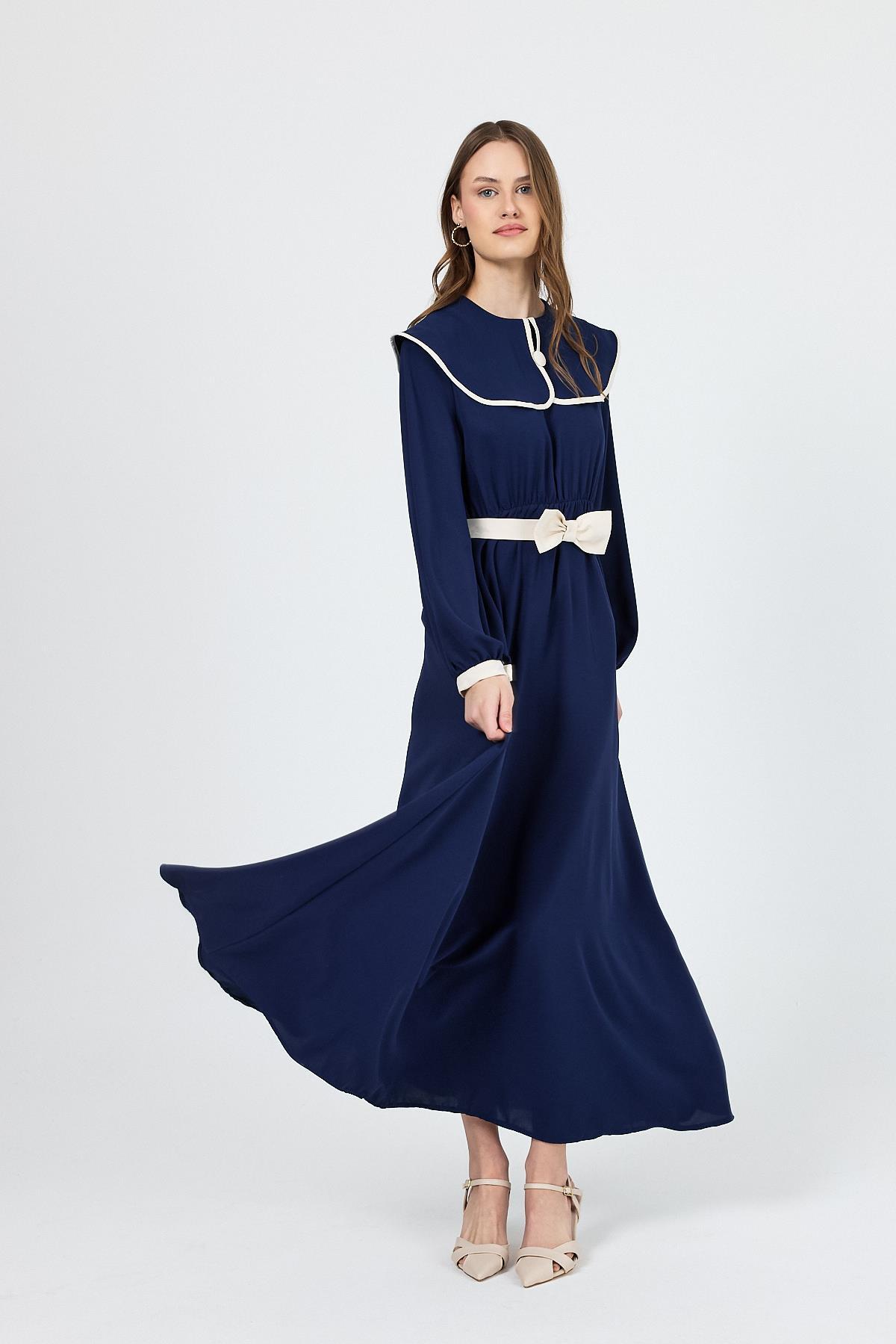 Lacivert Biye Detaylı Bebe Yaka Elbise 4413A - 2
