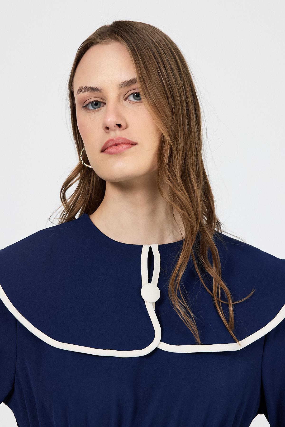 Lacivert Biye Detaylı Bebe Yaka Elbise 4413A - 4