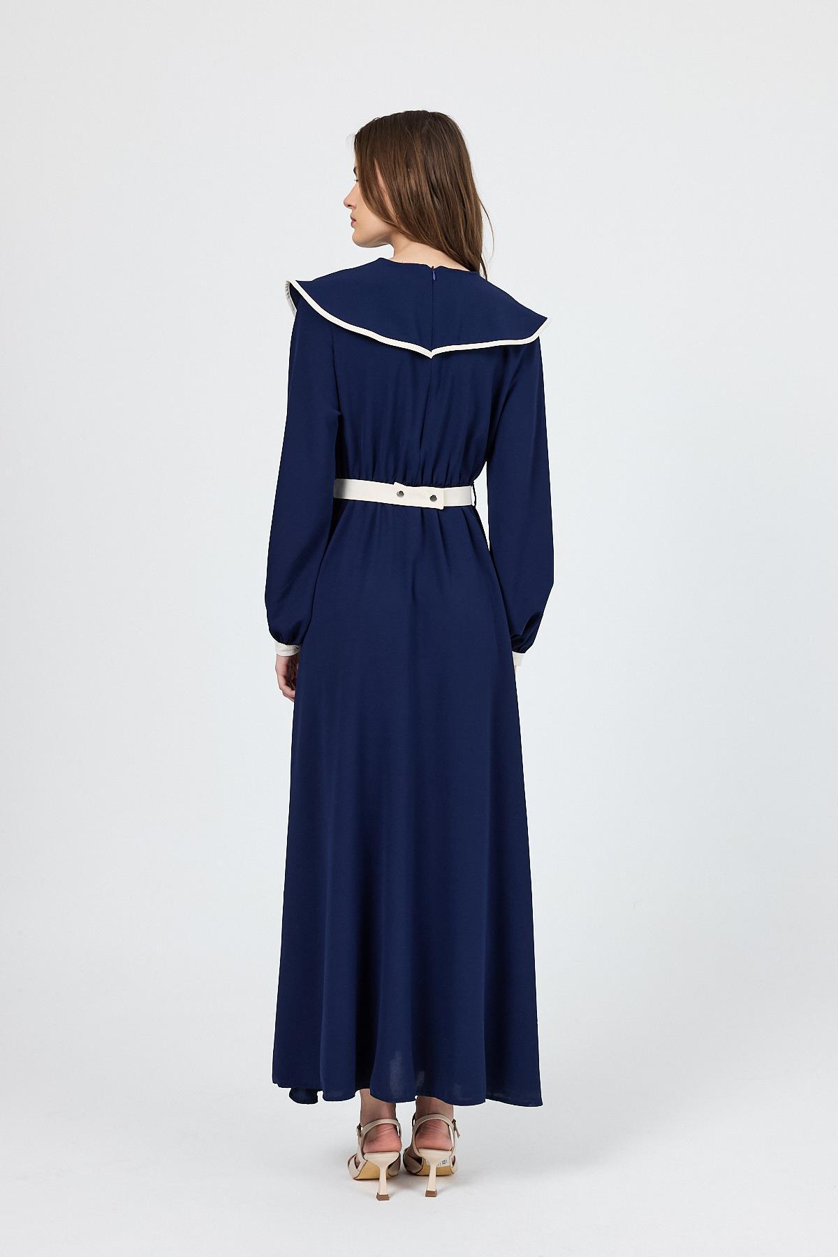 Lacivert Biye Detaylı Bebe Yaka Elbise 4413A - 5