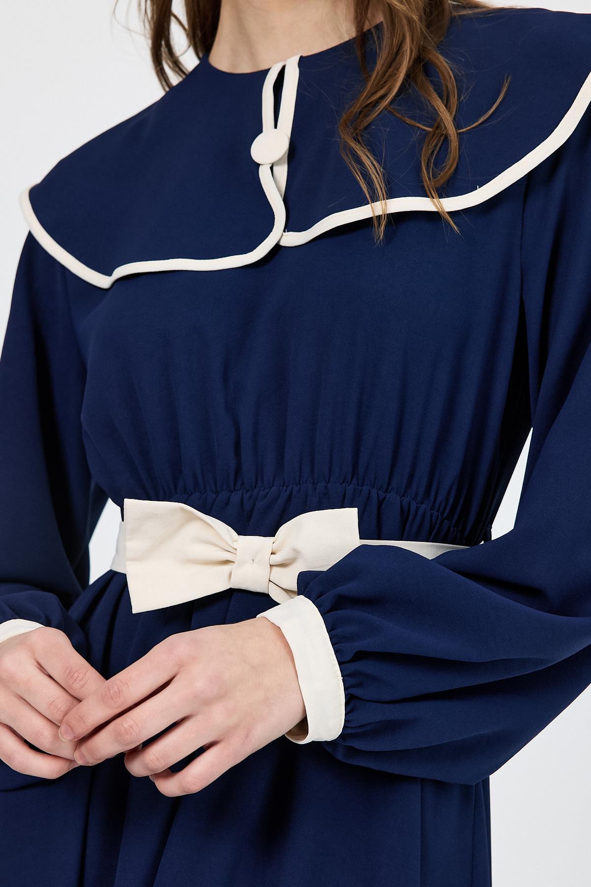 Lacivert Biye Detaylı Bebe Yaka Elbise 4413A - 6