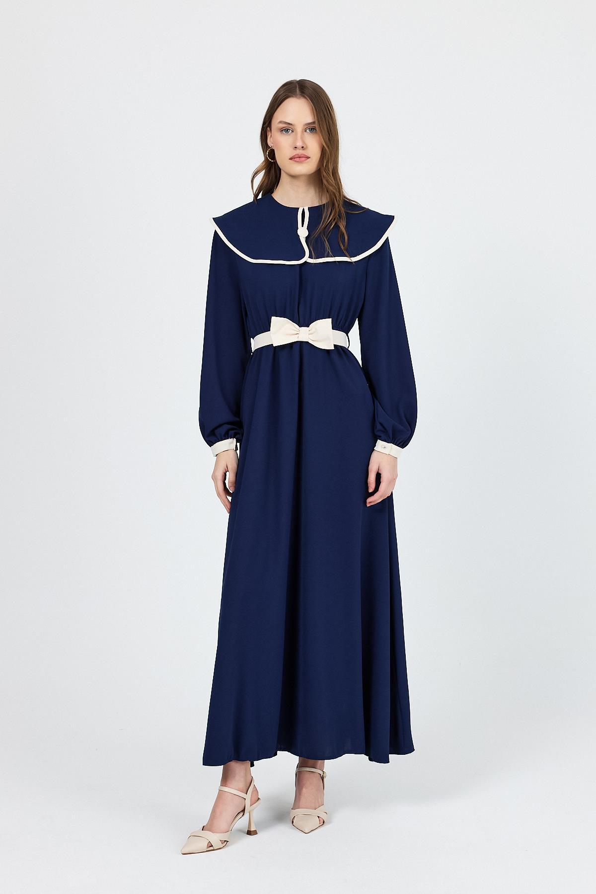 Lacivert Biye Detaylı Bebe Yaka Elbise 4413A - 7
