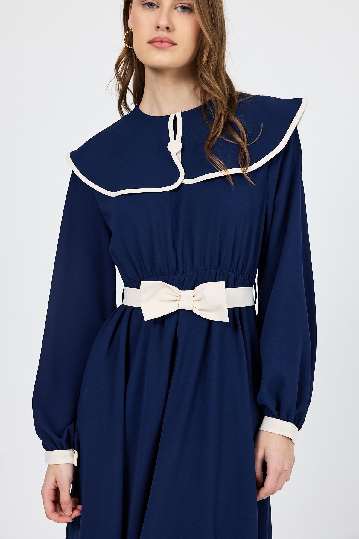 Lacivert Biye Detaylı Bebe Yaka Elbise 4413A - 3