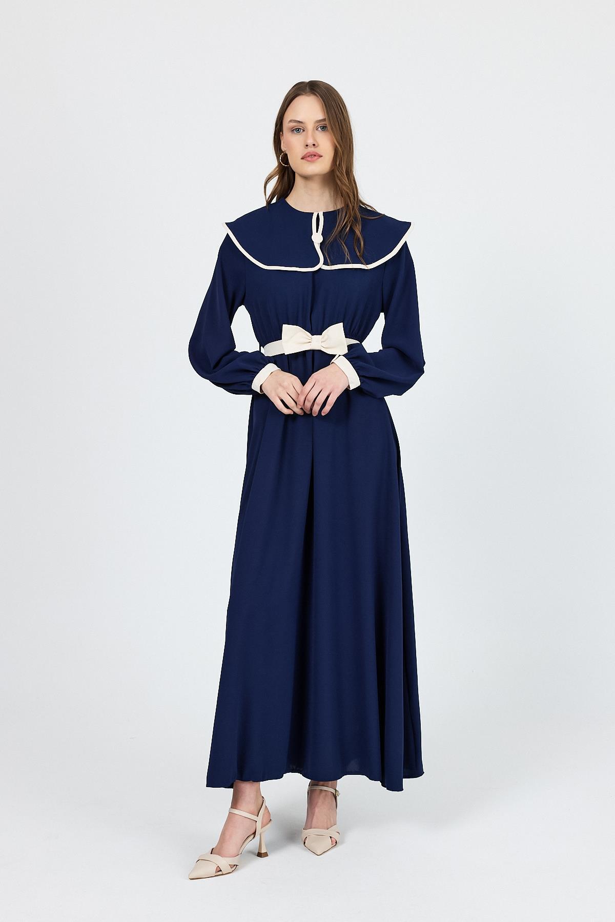 Lacivert Biye Detaylı Bebe Yaka Elbise 4413A - 1