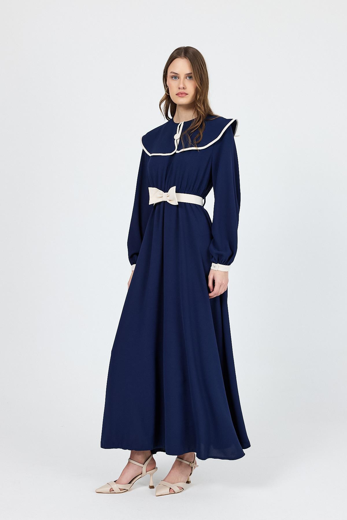 Lacivert Biye Detaylı Bebe Yaka Elbise 4413A - 8