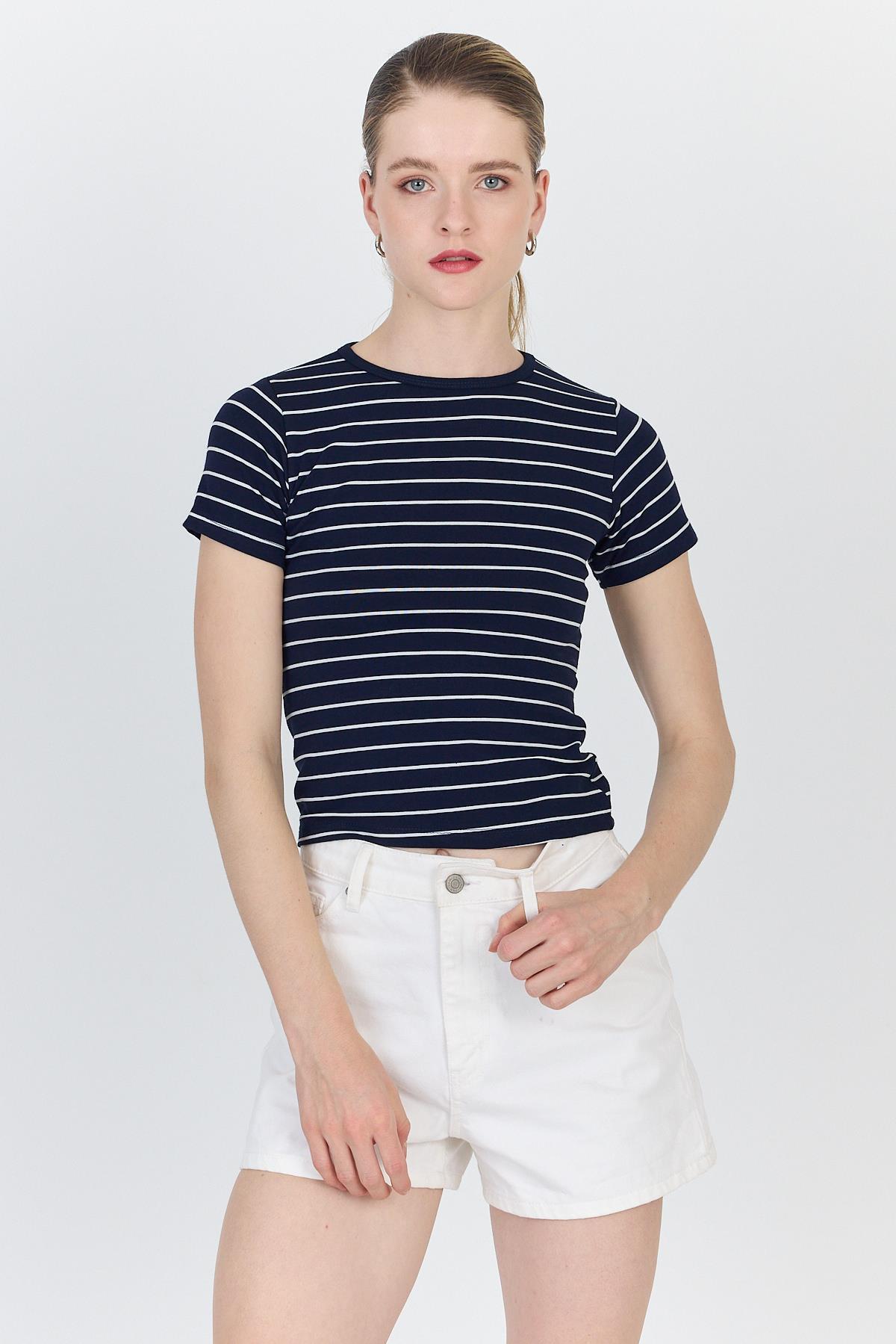 Lacivert Çizgili Pamuklu Crop Tişört 4014 - 1