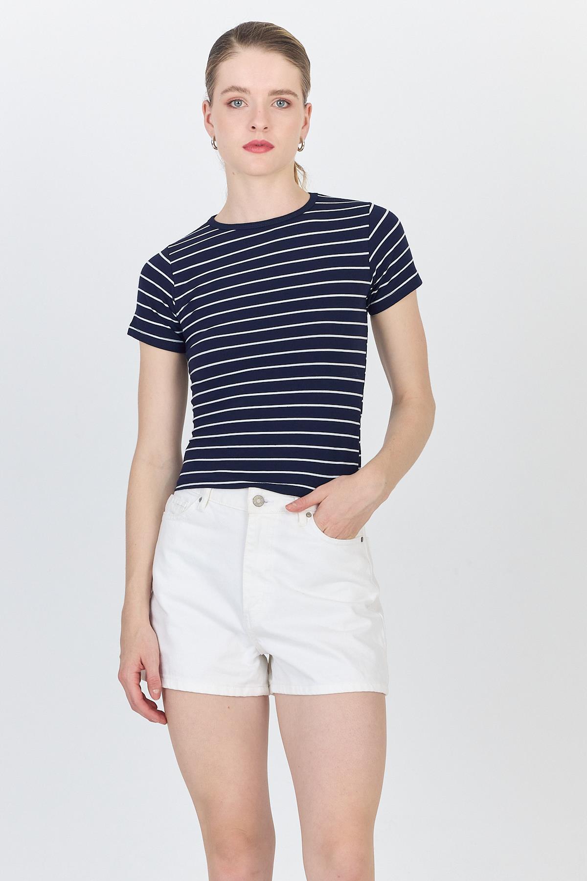 Lacivert Çizgili Pamuklu Crop Tişört 4014 - 6